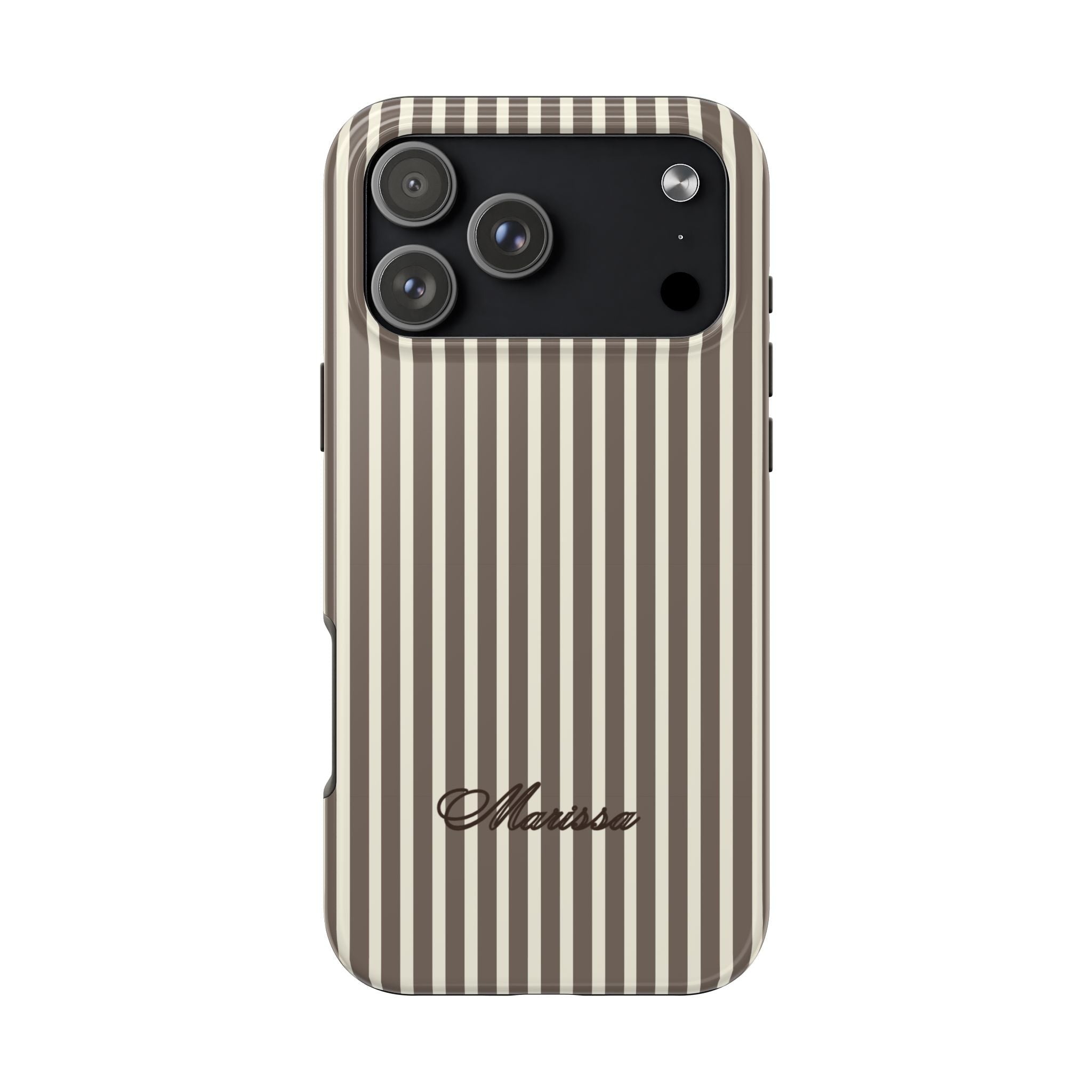 Personalized phone case with brown and cream vertical stripe pattern, name text on front