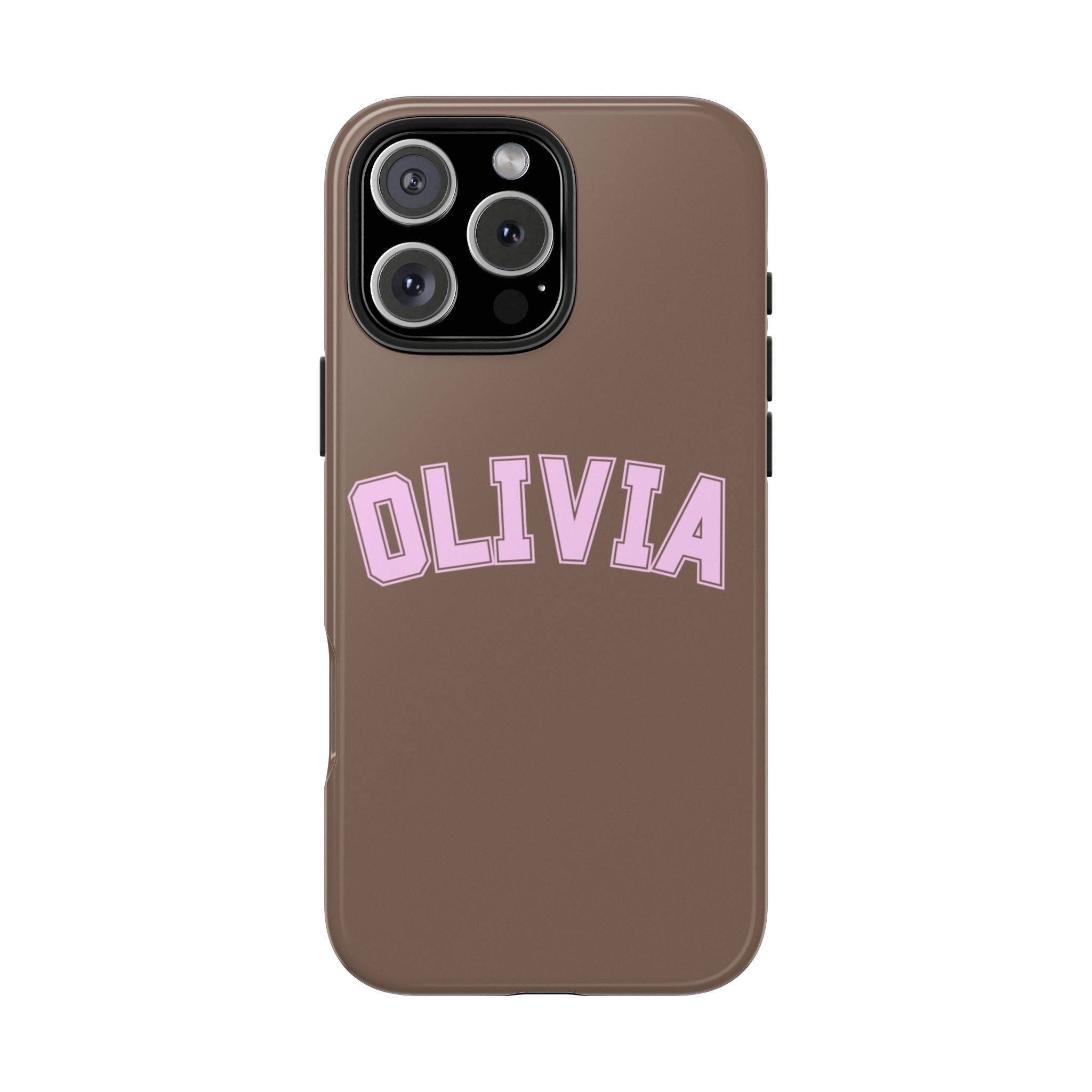 Brown slim phone case with purple OLIVIA print and camera module protection
