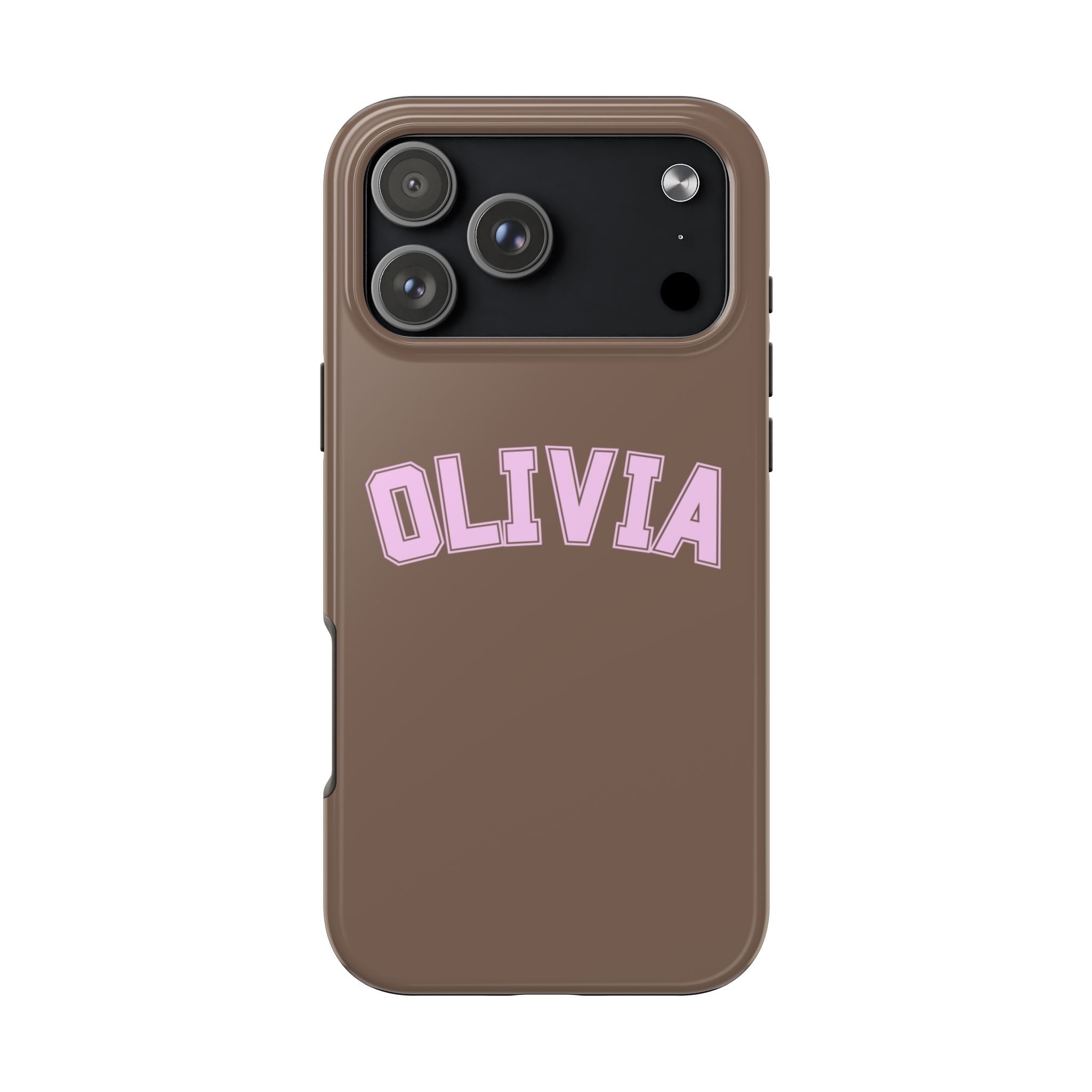 Brown phone case with purple varsity-style name OLIVIA and camera cutouts