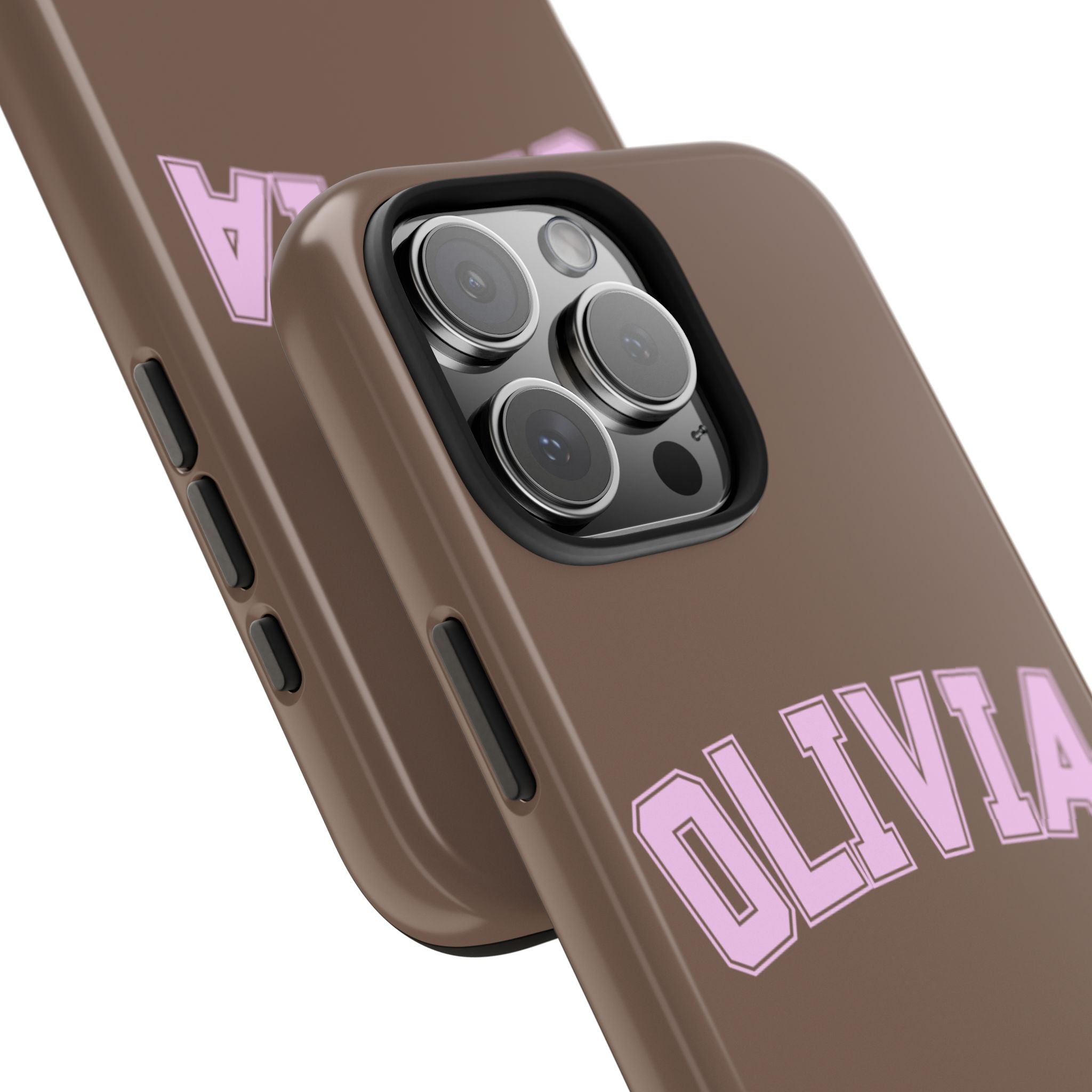 Angled view: brown case with purple OLIVIA on back, raised camera lens cover