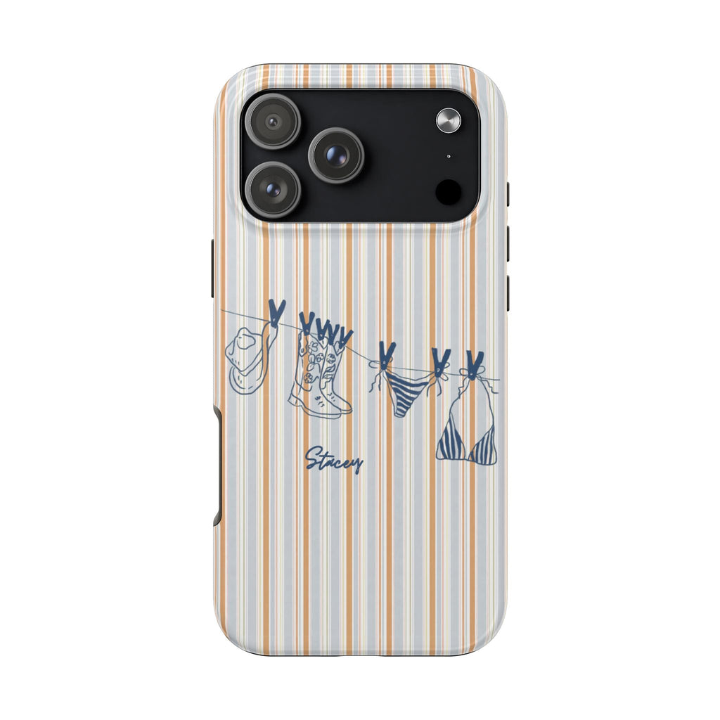 Personalized phone case: vertical stripe cowgirl boots with “Stacey”