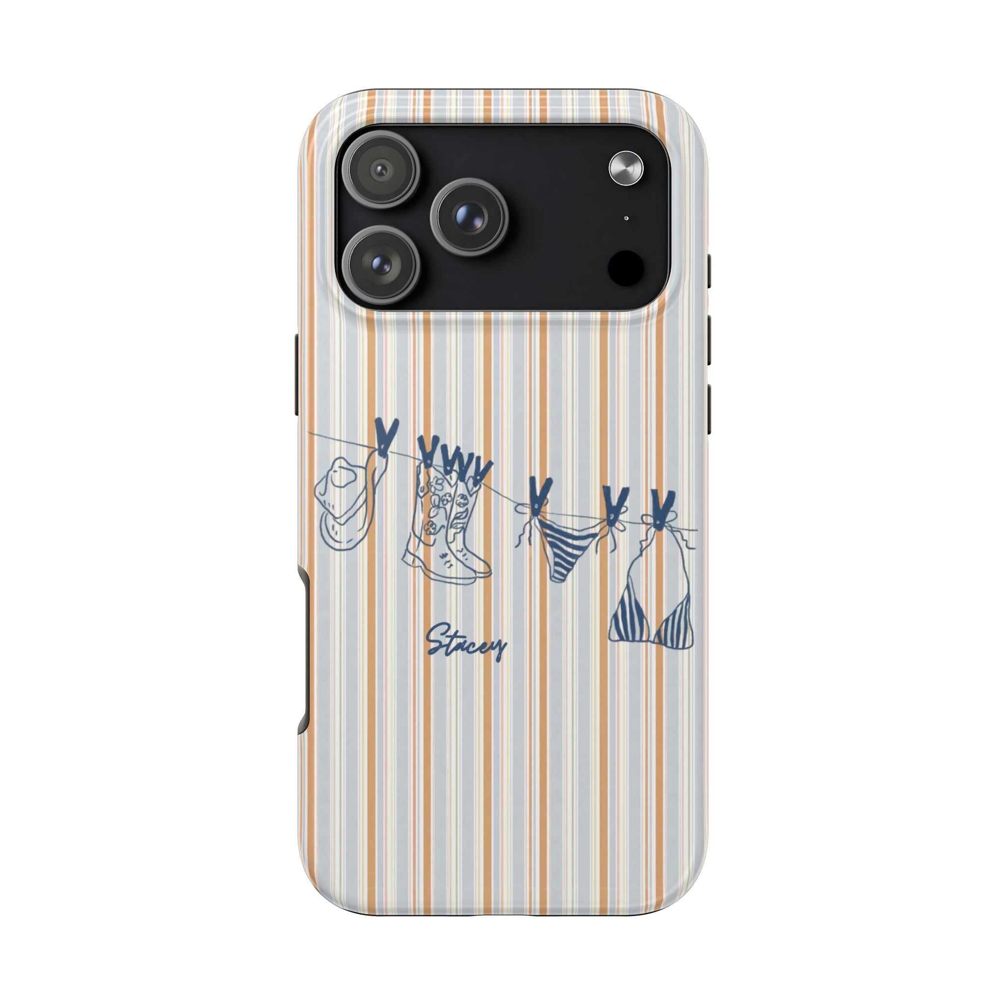 Personalized phone case: vertical stripe cowgirl boots with “Stacey”