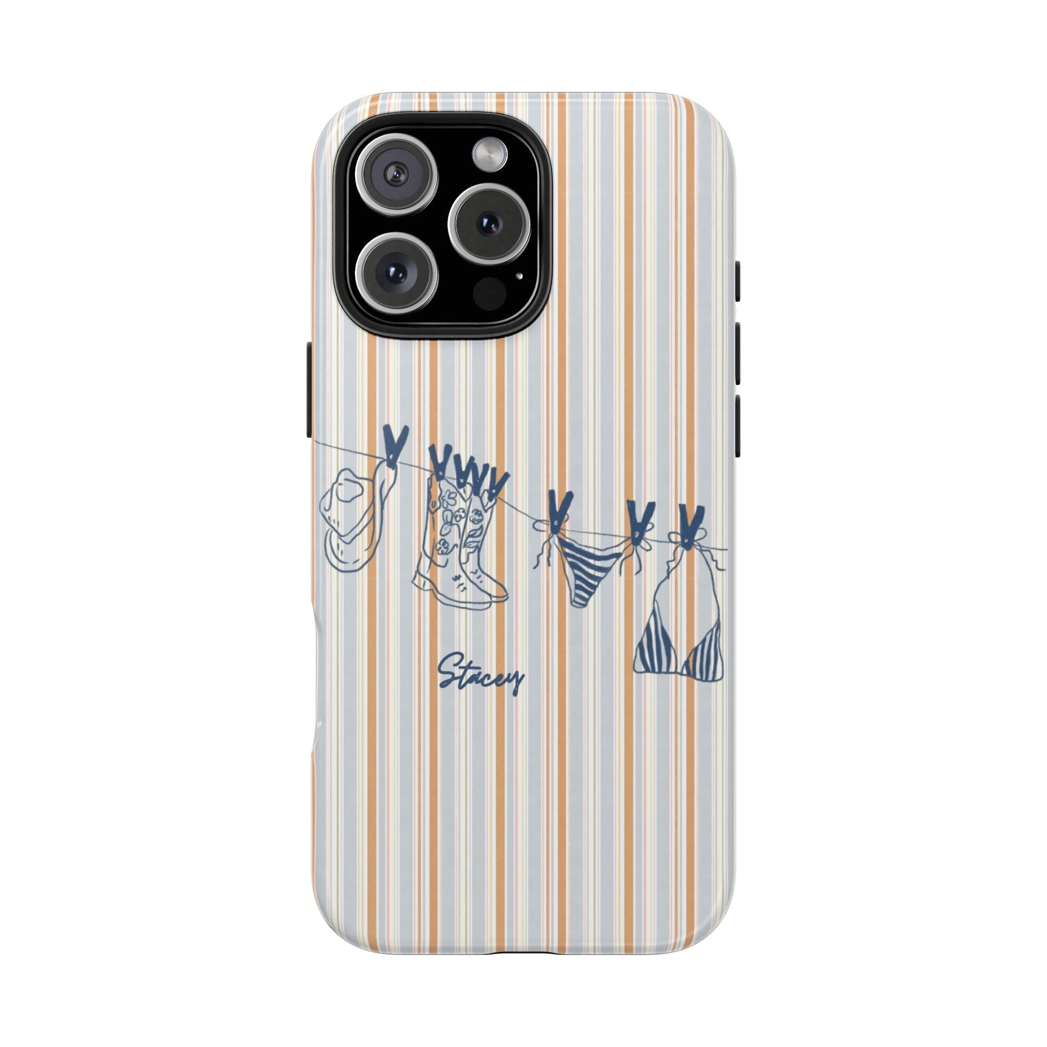 Back of personalized phone case with striped cowgirl boots and “Stacey”