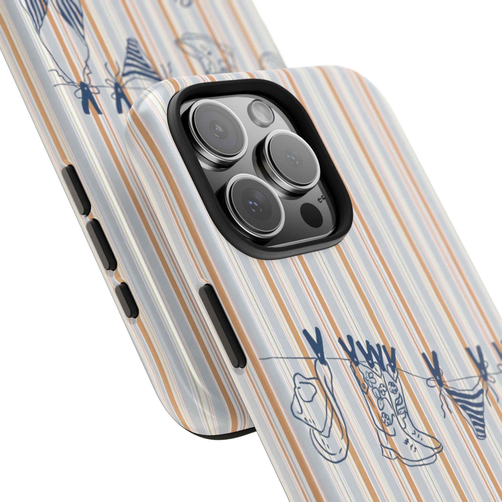 Angle view of personalized case: striped pattern, cowgirl boots, “Stacey”