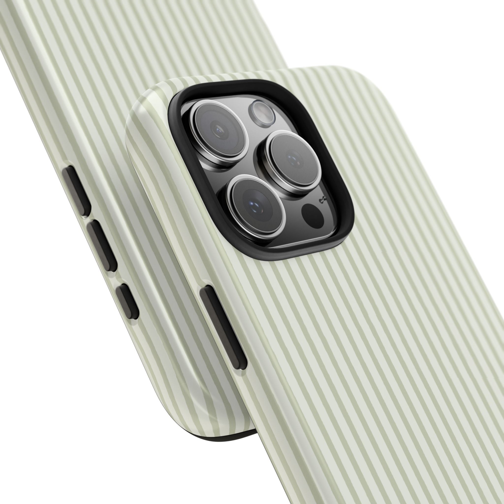 Phone case in light green and white vertical stripes, camera module and side button cutouts