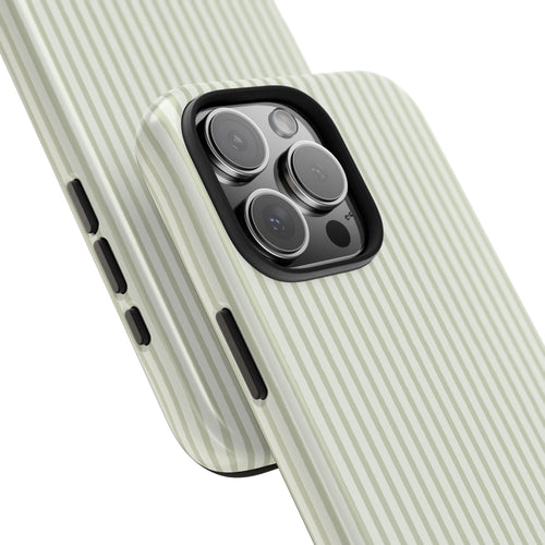 Phone case in light green and white vertical stripes, camera module and side button cutouts