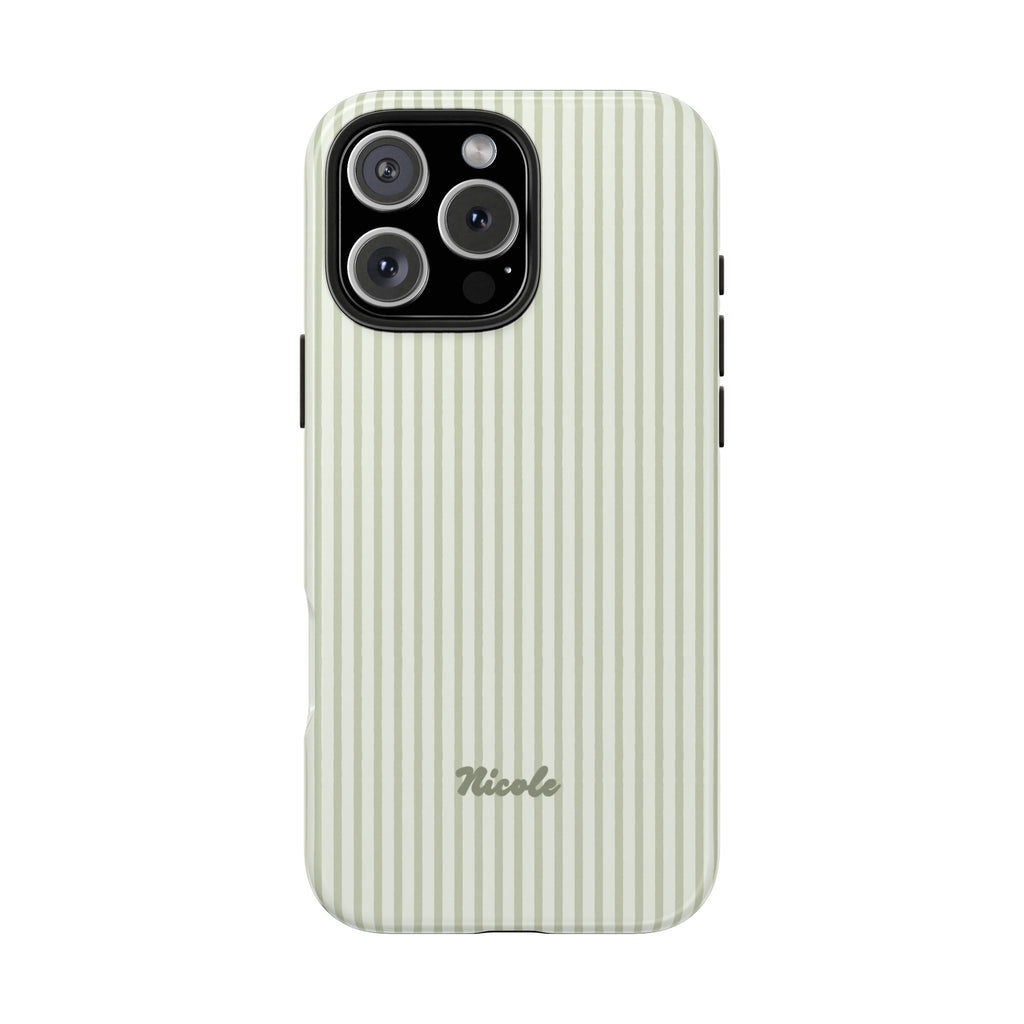 Personalized phone case, vertical green stripes with name 'Nicole' and camera cutout