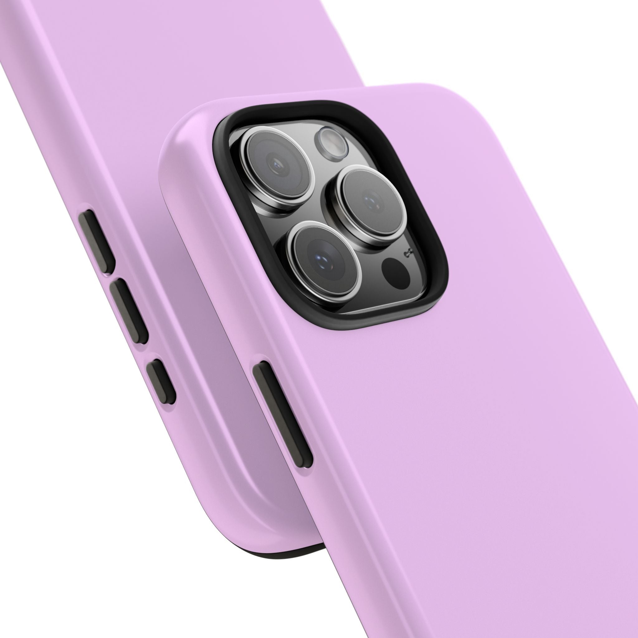 Lilac phone case close-up: camera lenses, side buttons, personalized script Lesley