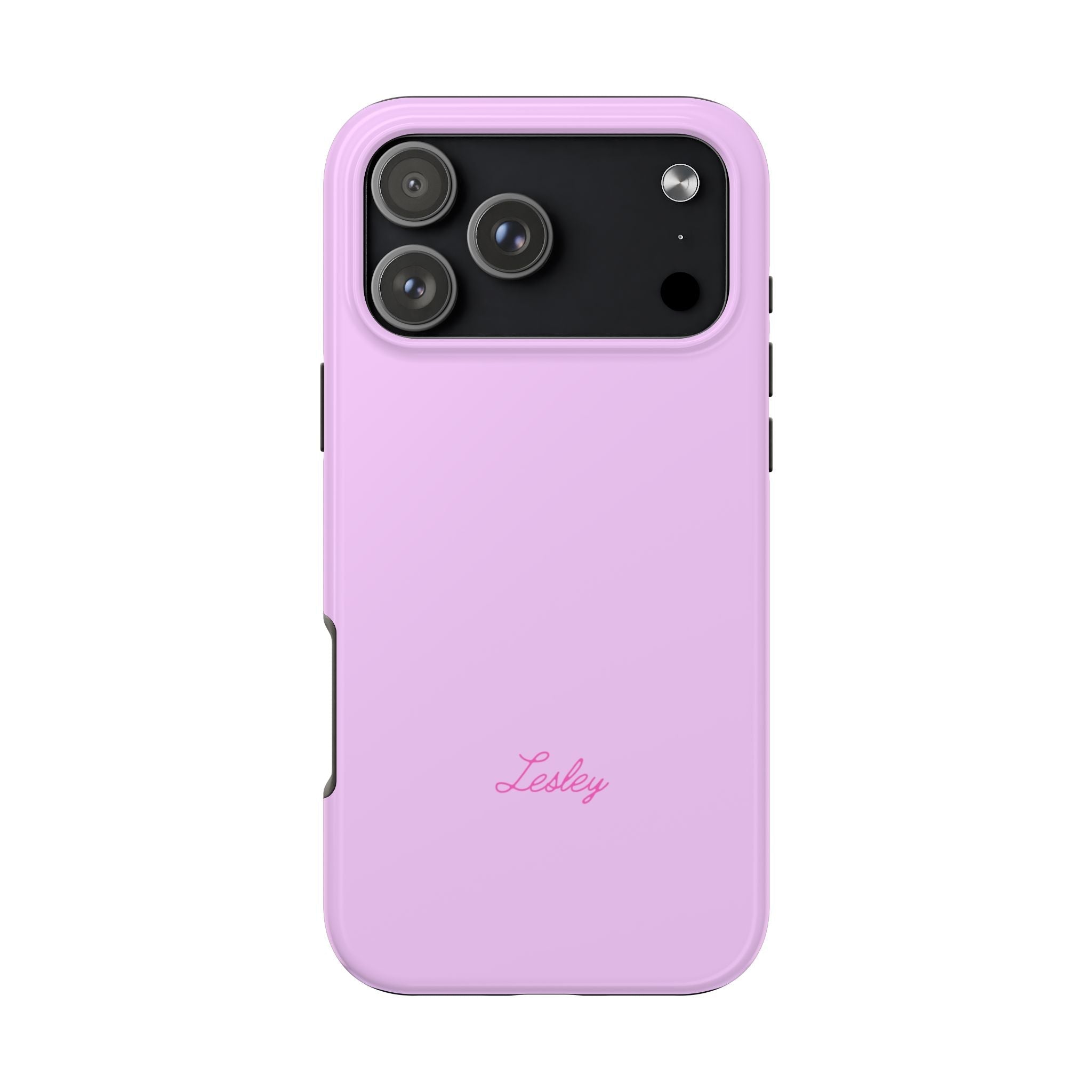 Lilac phone case back with black camera panel and personalized script name Lesley