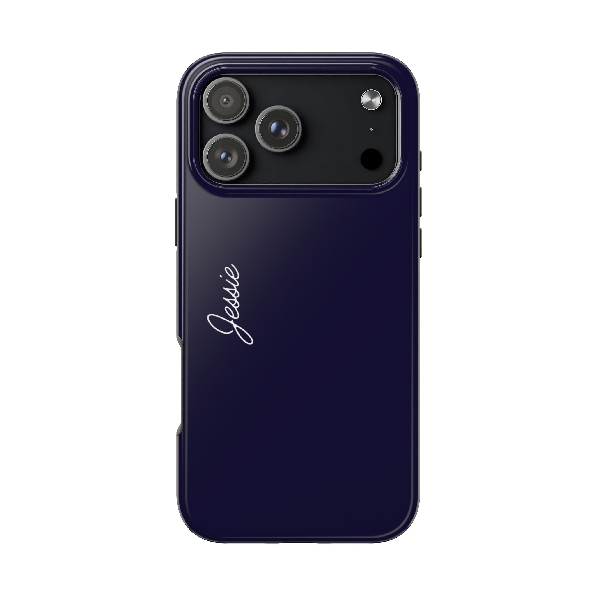 Navy phone case with personalized name script and camera cutouts