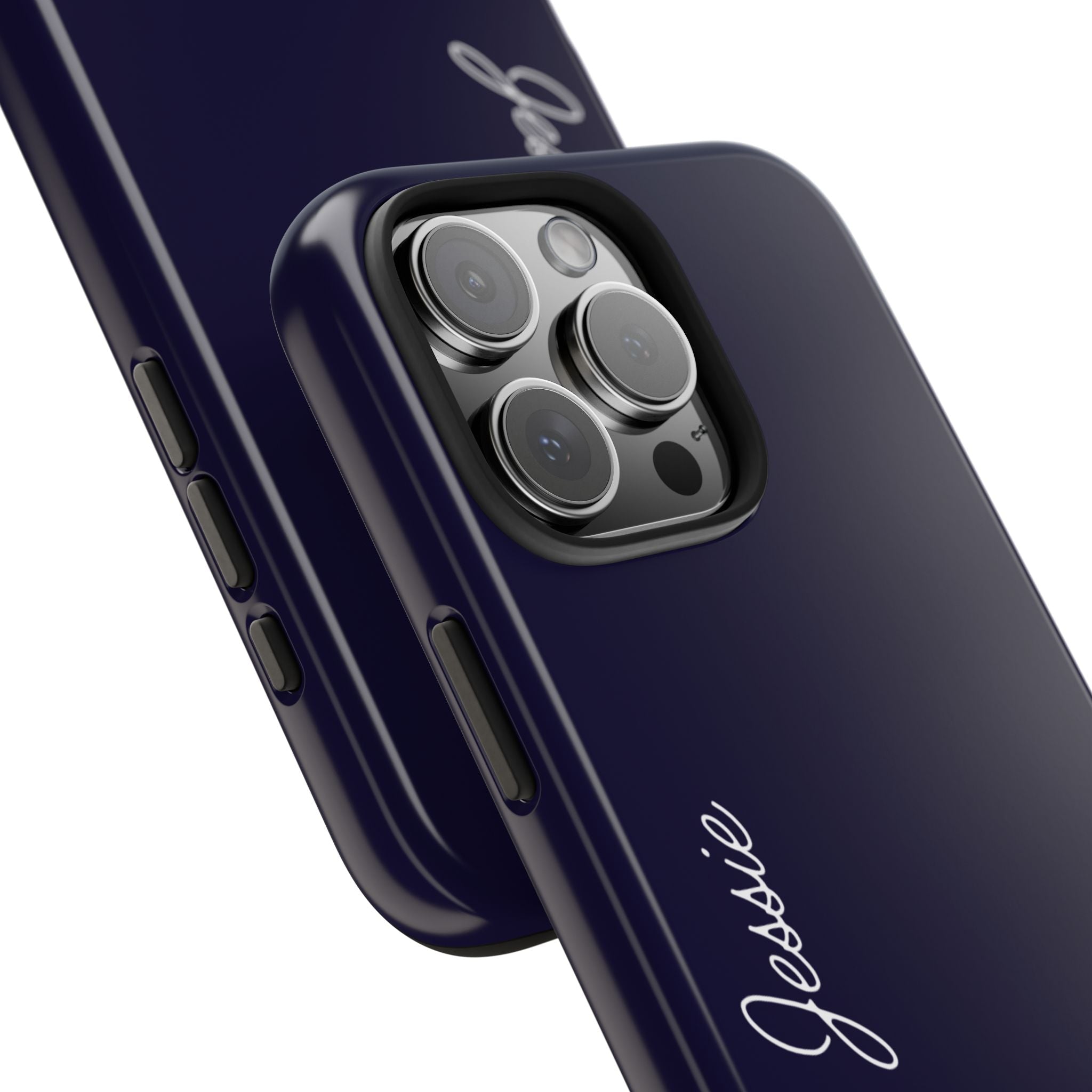 Navy phone case angled view with personalized name script and camera lens cutouts