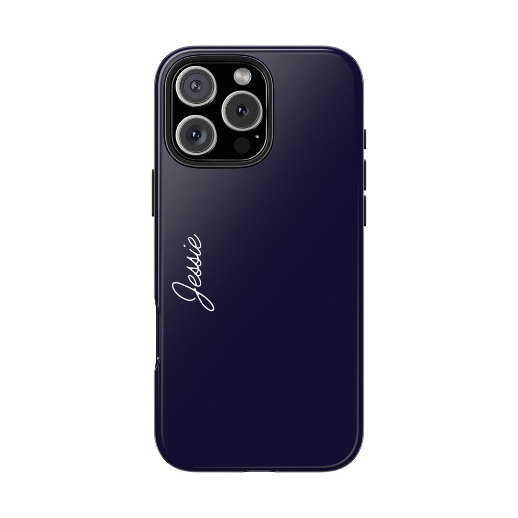 Navy phone case with personalized name script, raised camera lenses and cutouts