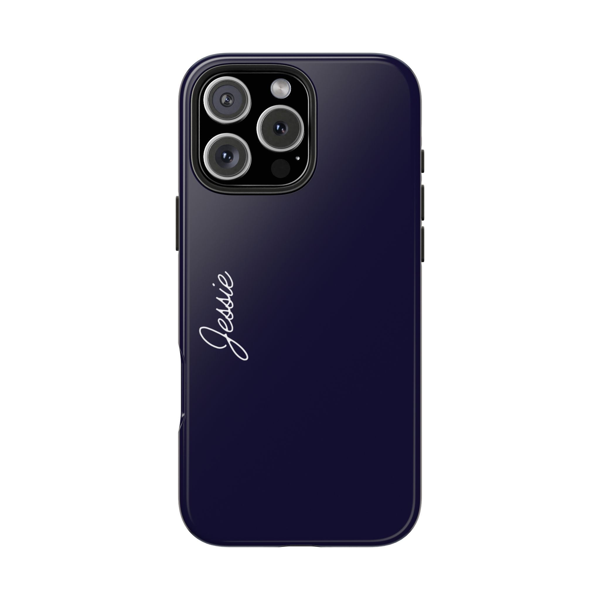 Navy phone case with personalized name script, raised camera lenses and cutouts