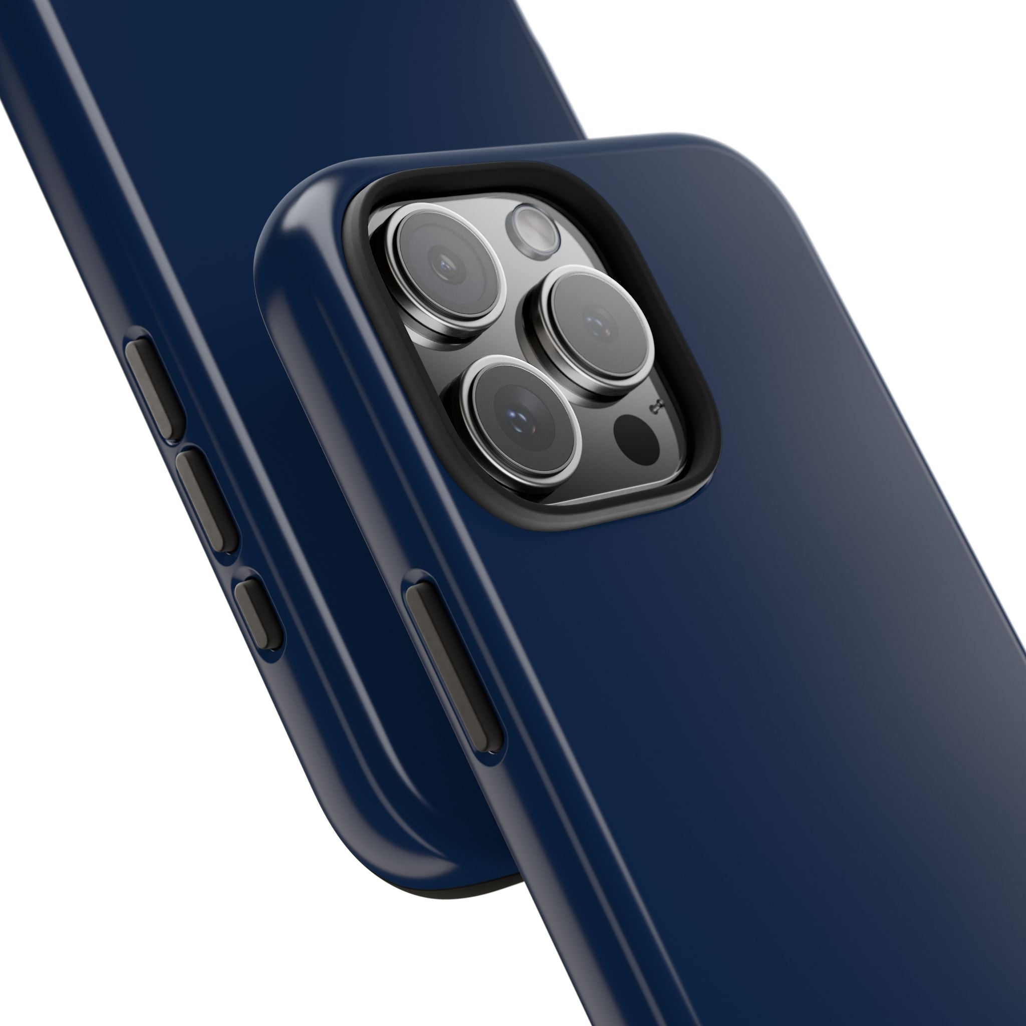 Navy phone case close-up: raised camera lenses and side buttons