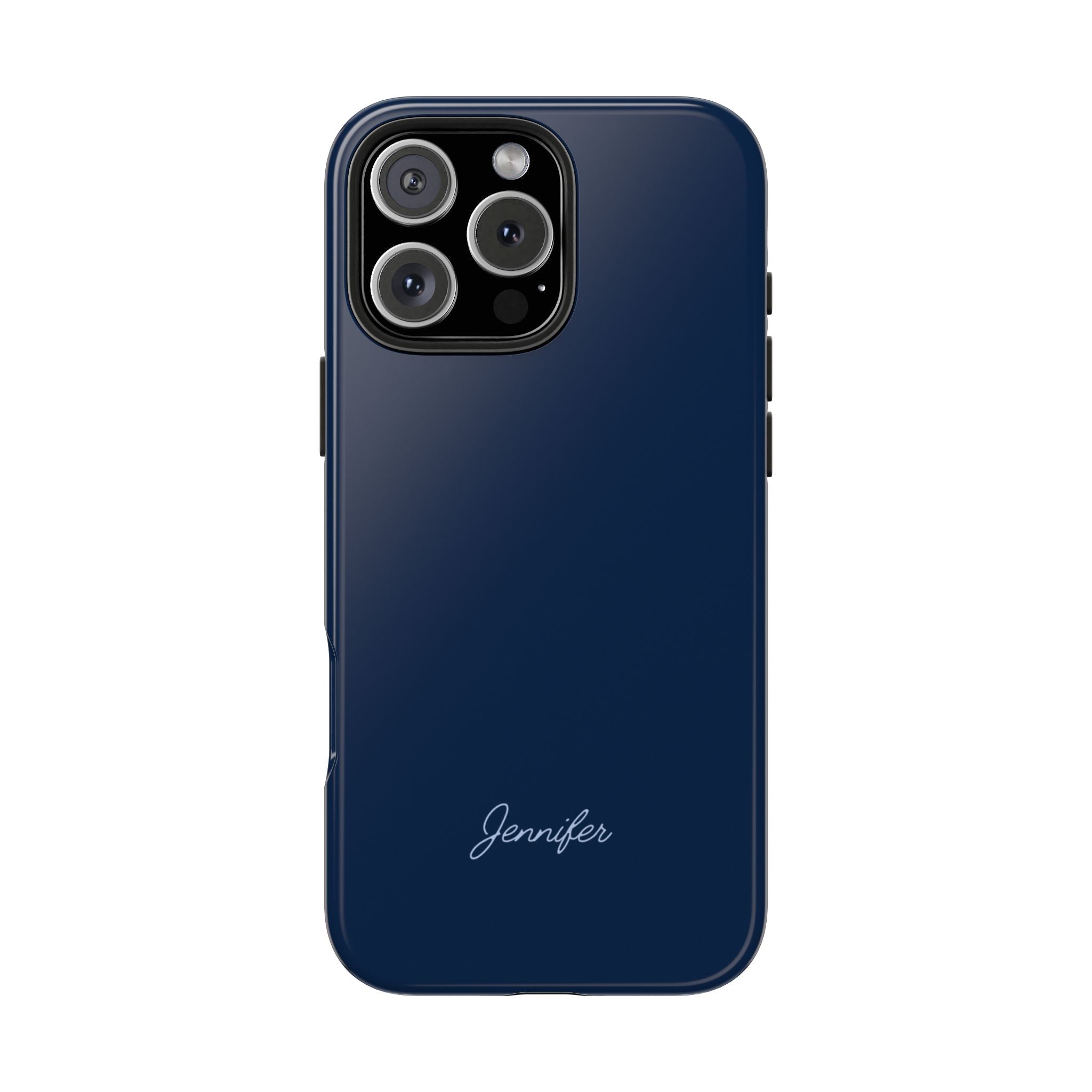 Navy phone case with Jennifer name on back, camera openings