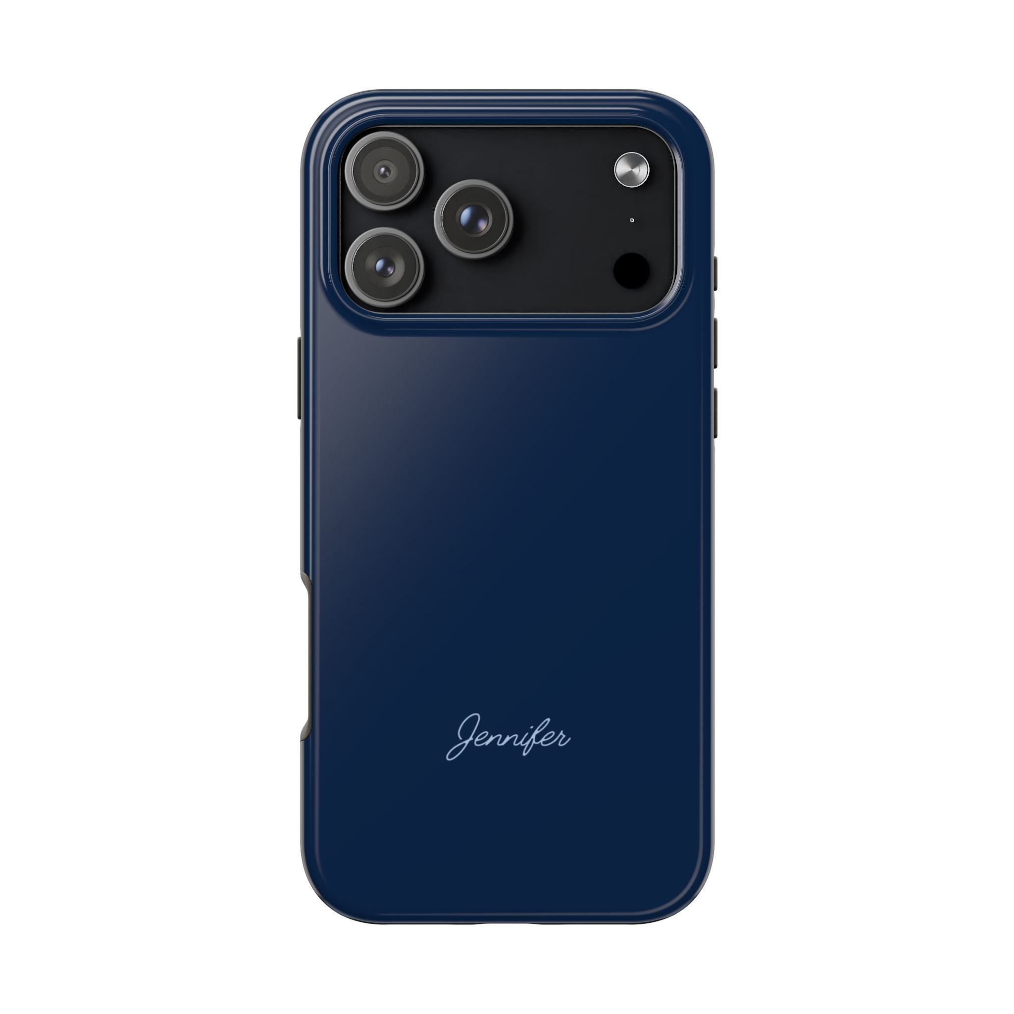 Navy phone case with custom name Jennifer, raised camera cutouts