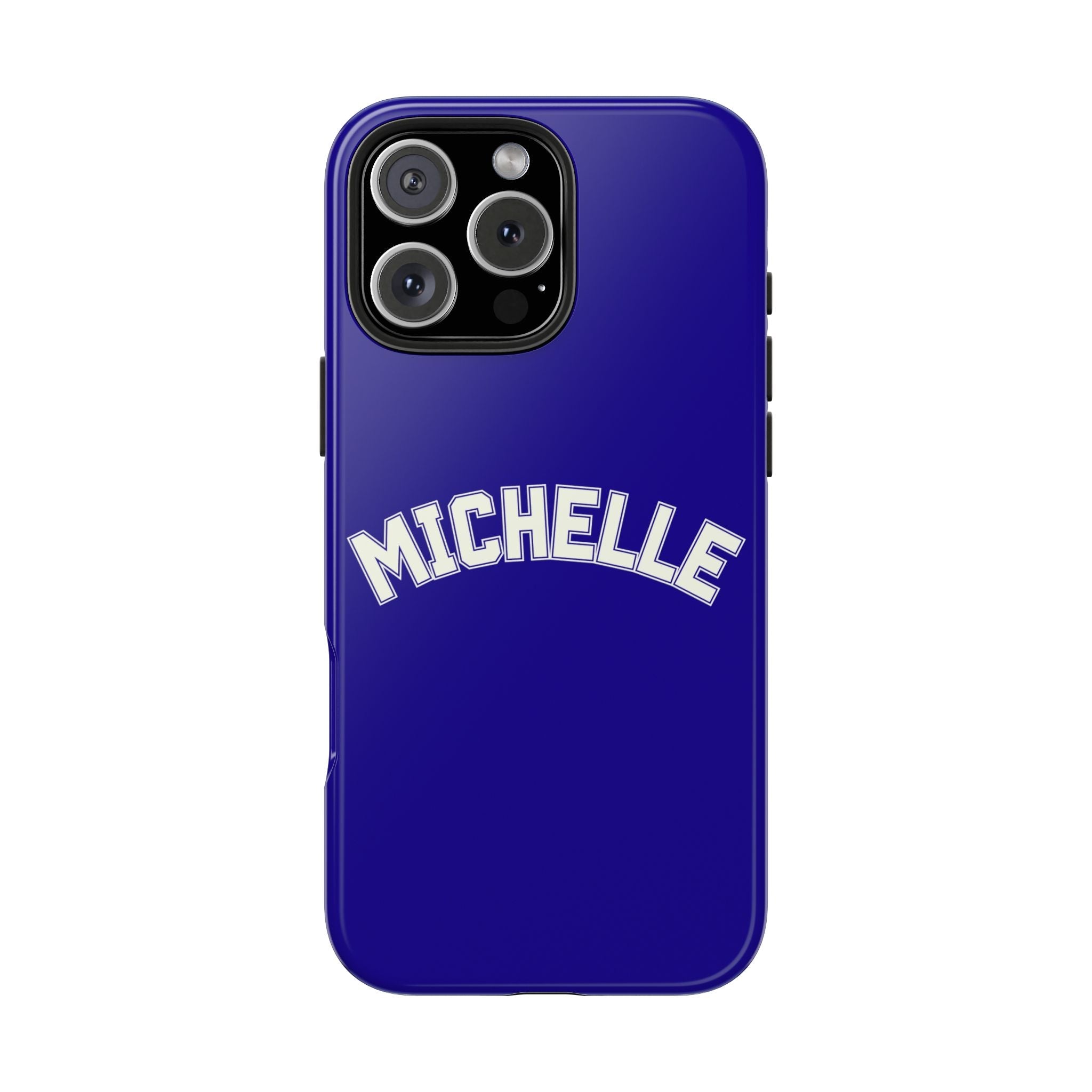 Navy personalized name varsity phone case with “MICHELLE” on back