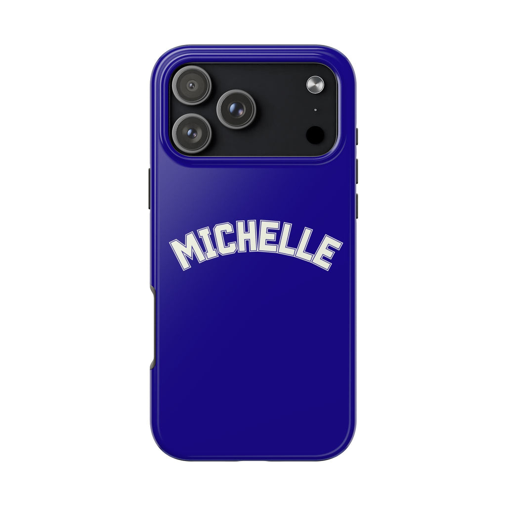 Navy personalized “MICHELLE” varsity phone case with camera cutout, back view