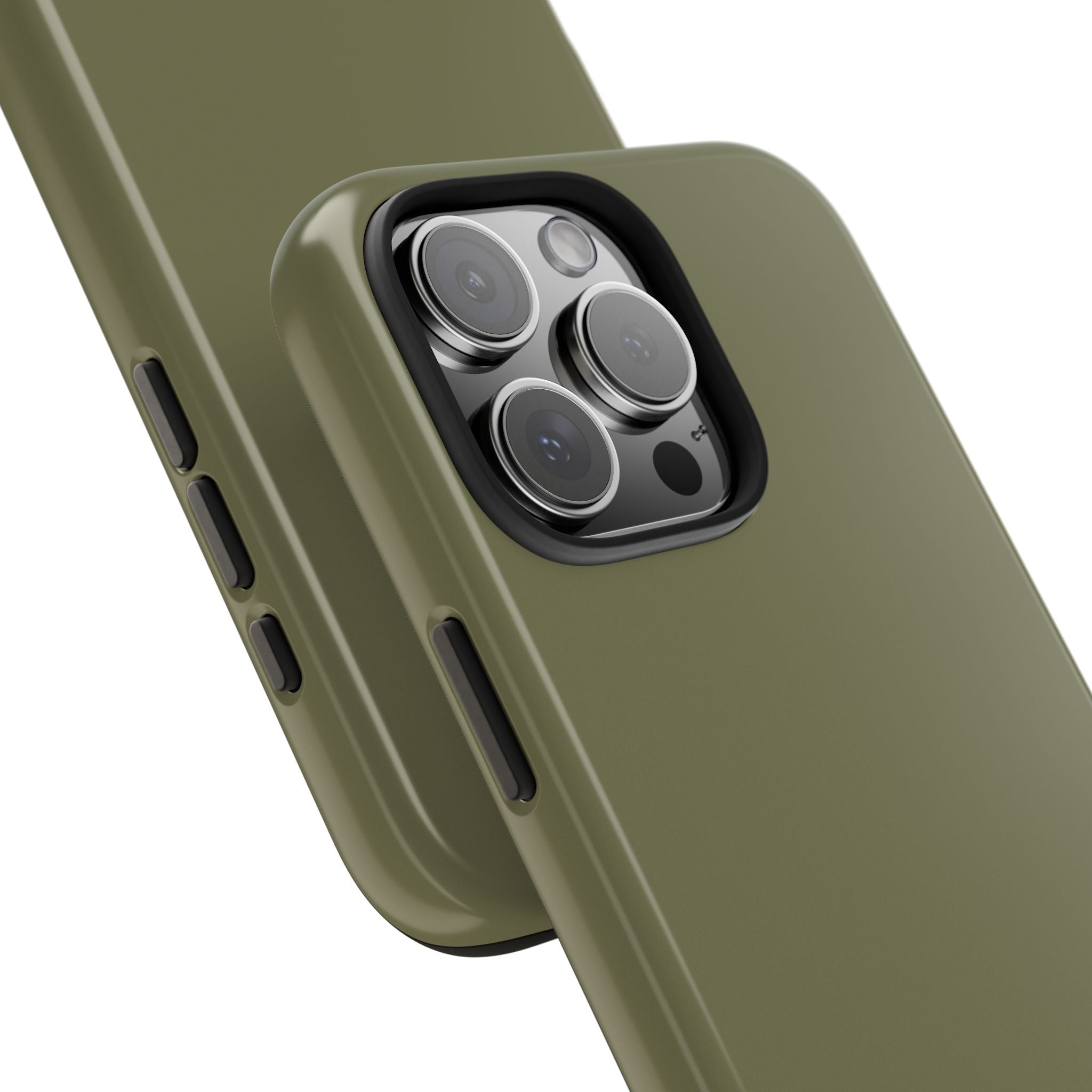 Olive green phone case, raised camera protector and side buttons cutouts