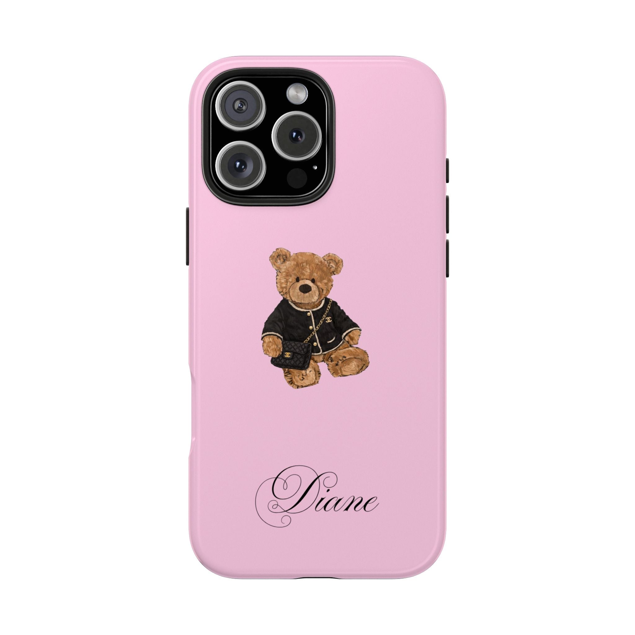 Pink back of phone case with teddy bear graphic and name Diane