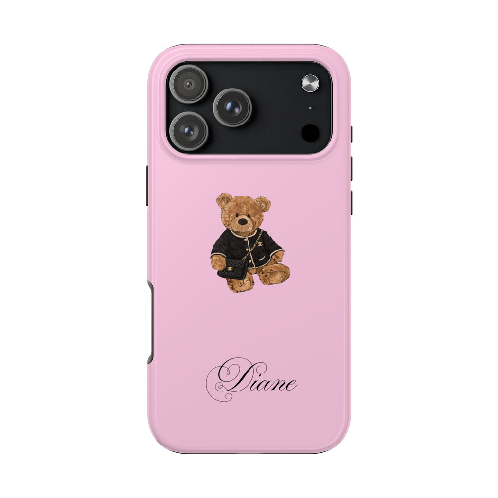 Pink phone case with teddy bear graphic and personalized name Diane on back