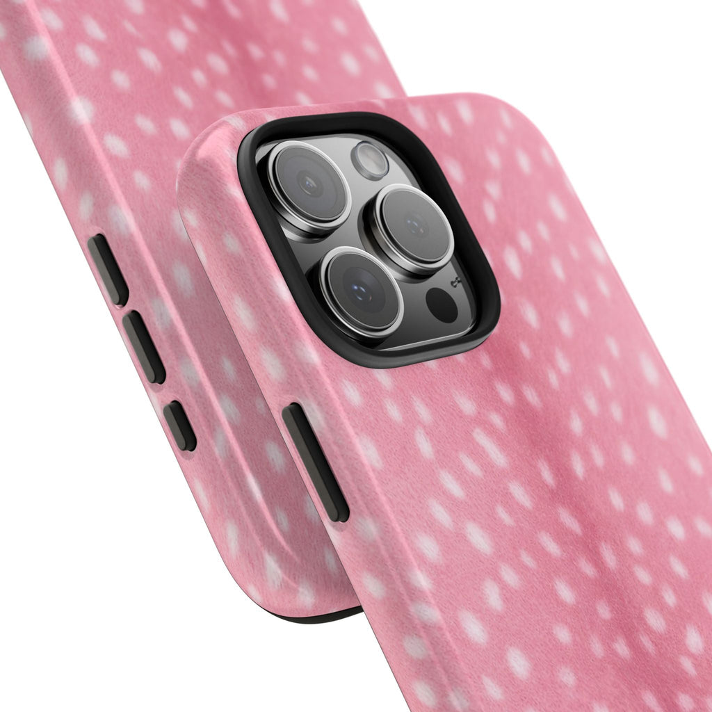 Pink speckled phone case close-up showing camera cutout and side buttons