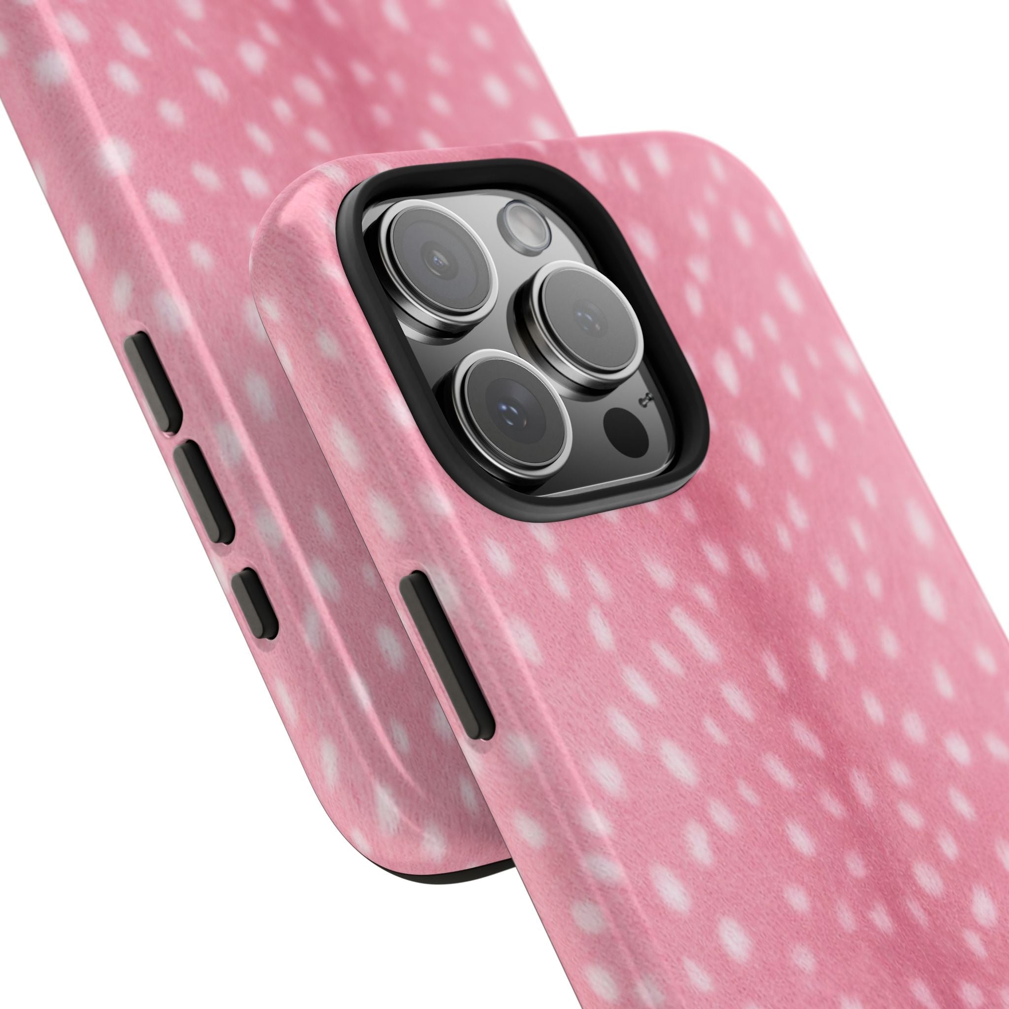 Pink speckled phone case close-up showing camera cutout and side buttons
