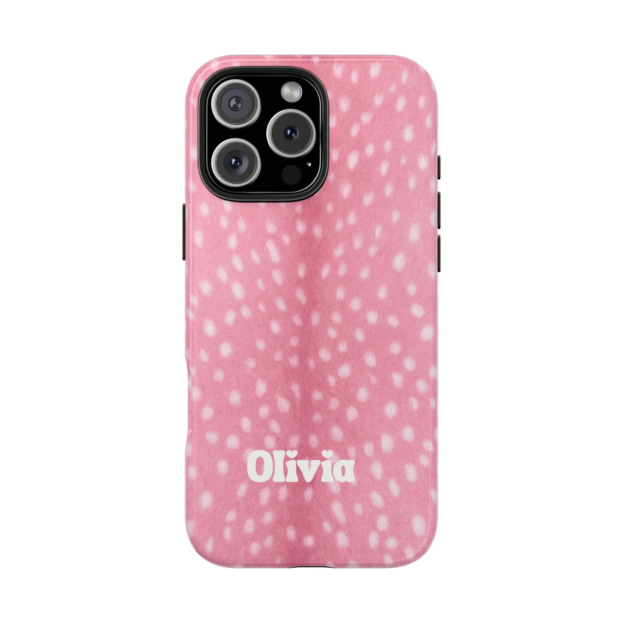 Pink speckled phone case back with custom name Olivia