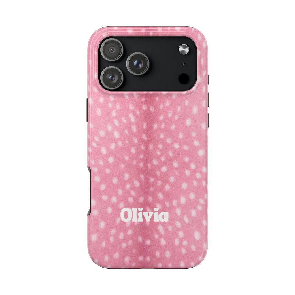 Pink phone case with white speckle pattern and custom name Olivia