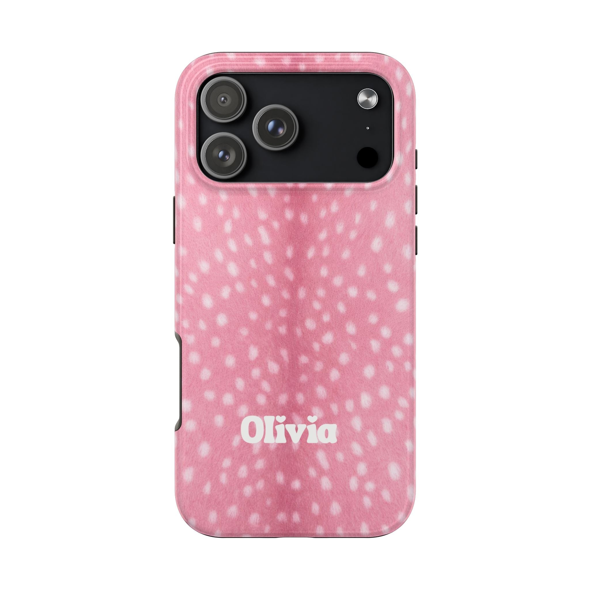 Pink phone case with white speckle pattern and custom name Olivia