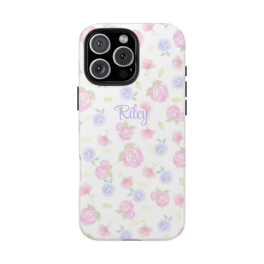Personalized phone case with pink floral pattern and “Riley” on the back
