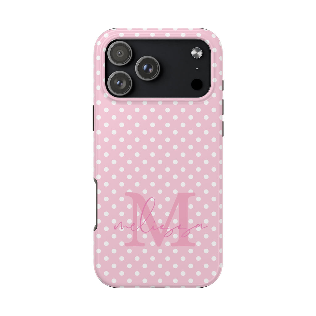 Pink polka dot phone case with custom initial name and black camera frame