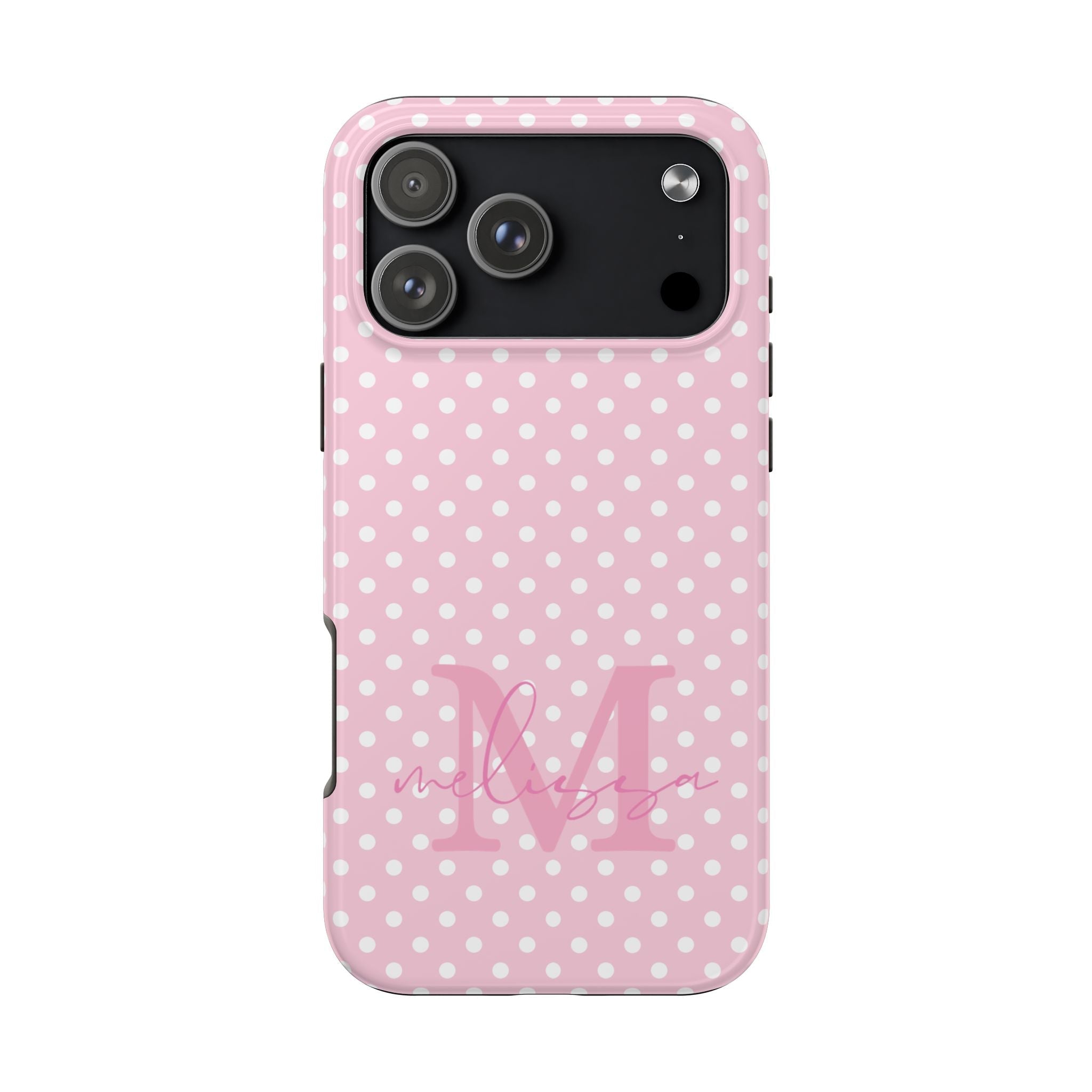 Pink polka dot phone case with custom initial name and black camera frame