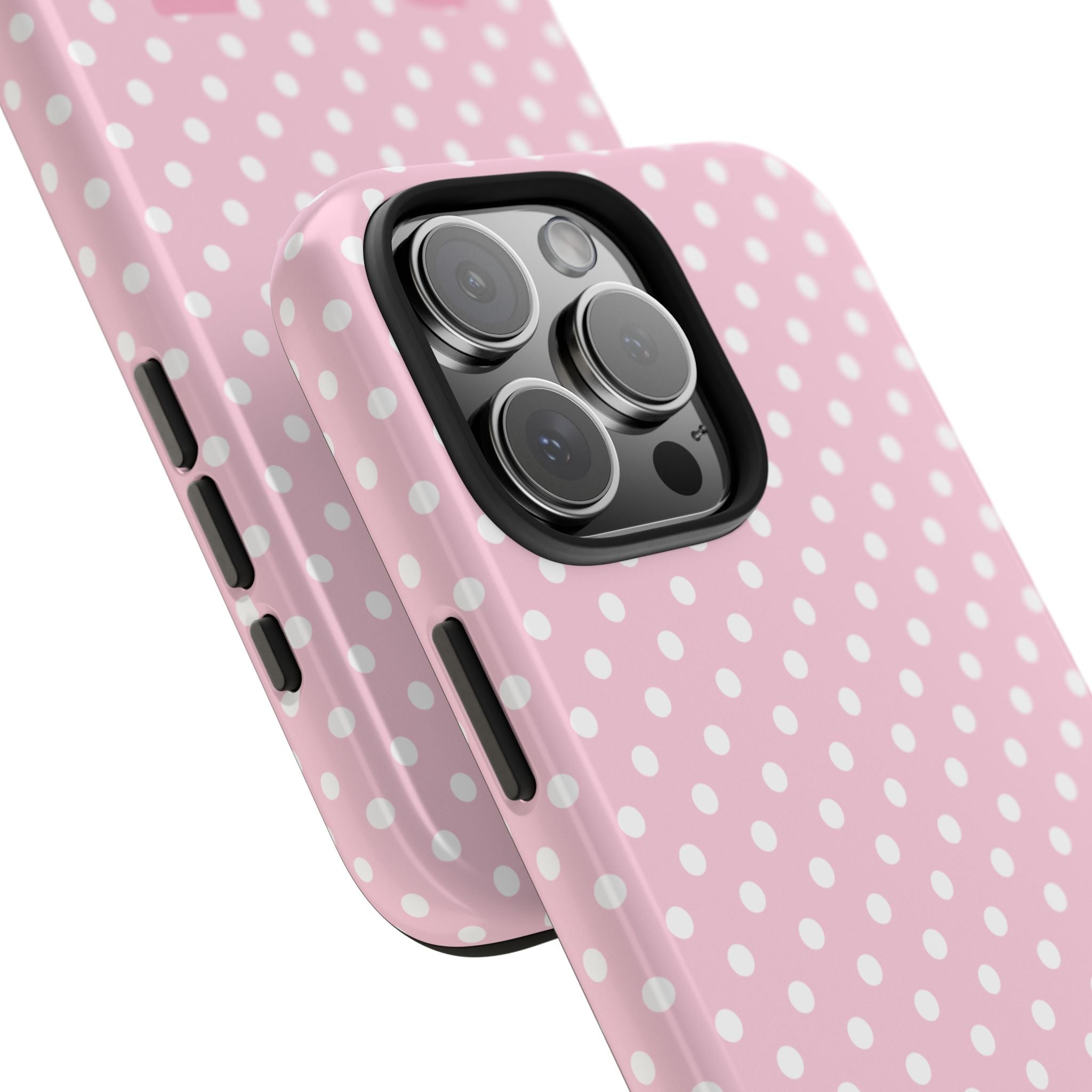 Pink polka dot phone case, side buttons and camera lens cutout, custom initial name