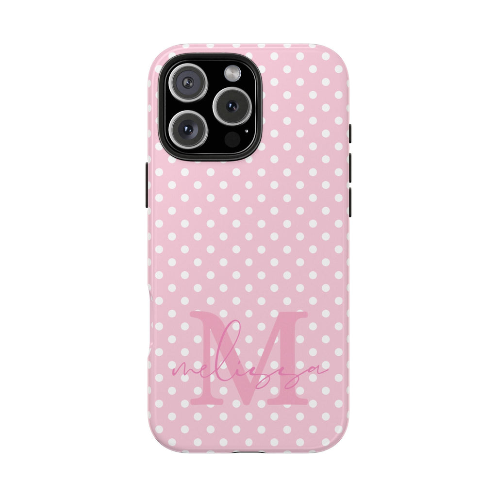 Pink polka dot phone case with custom initial name, raised camera cutout