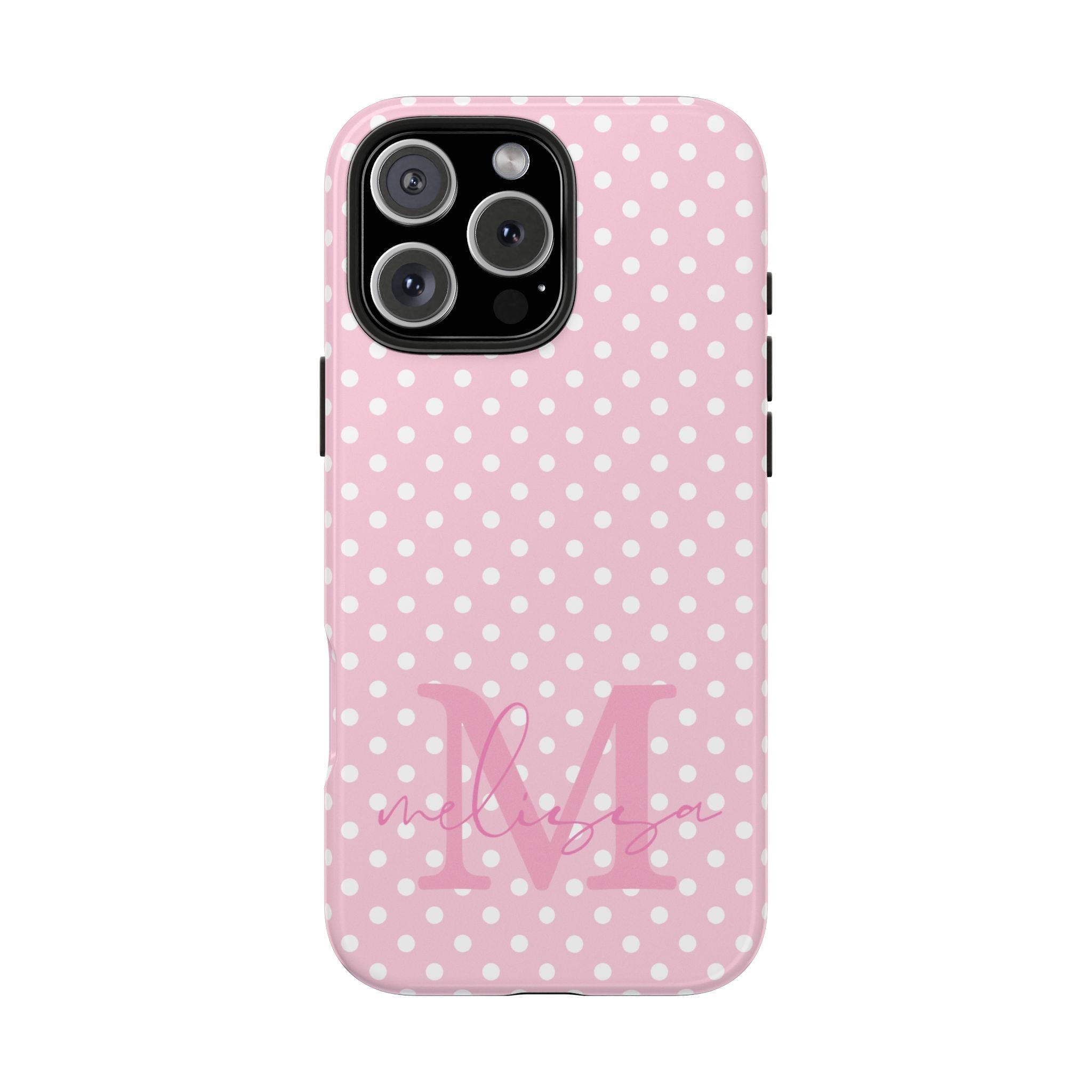 Pink polka dot phone case with custom initial name, raised camera cutout