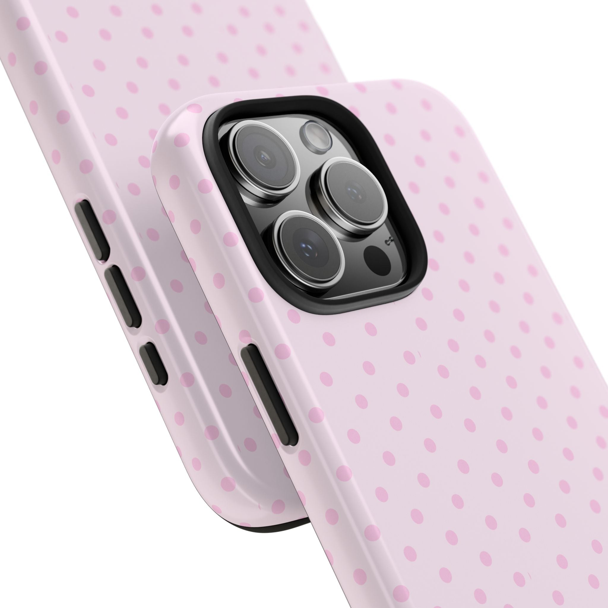 Pink polka dot phone case showing camera cutout and side button openings
