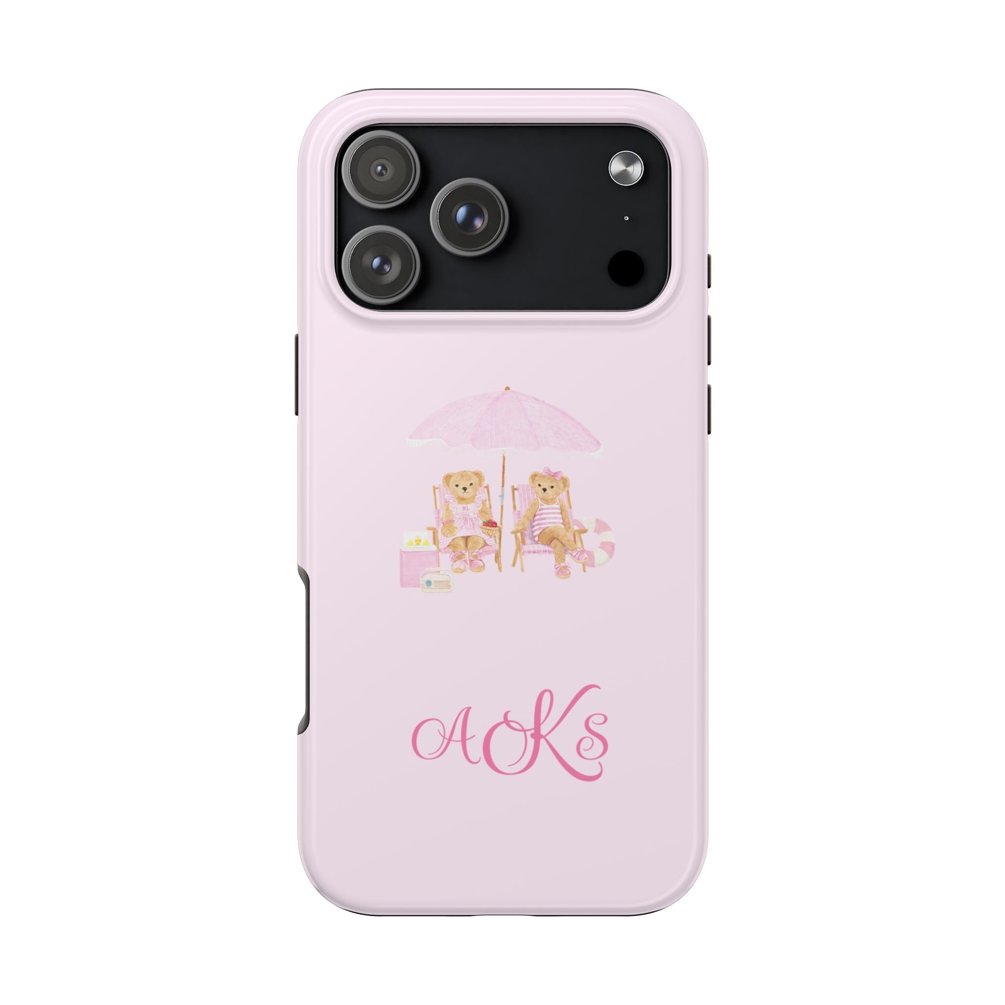Pink phone case with teddy bear beach illustration and custom initials A&K'S