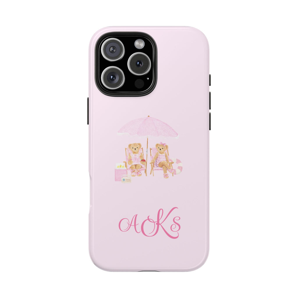 Pink phone case with teddy bear beach scene, umbrella, and custom initials A&K'S