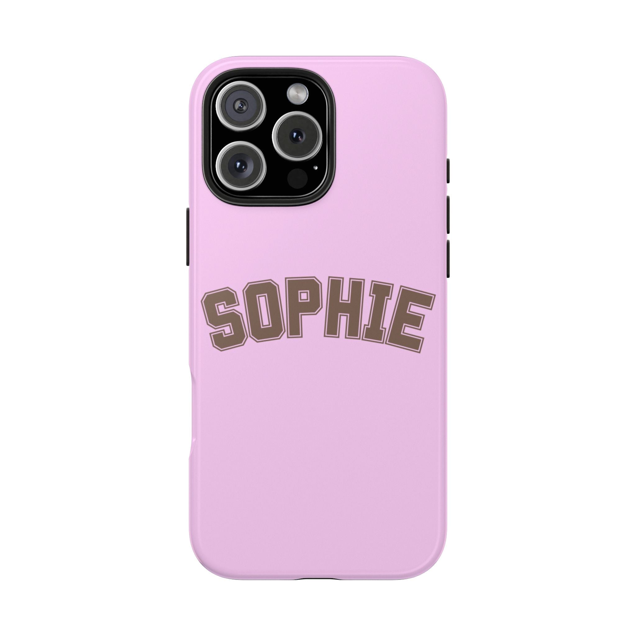 Light pink phone case with SOPHIE varsity lettering and camera module cutout