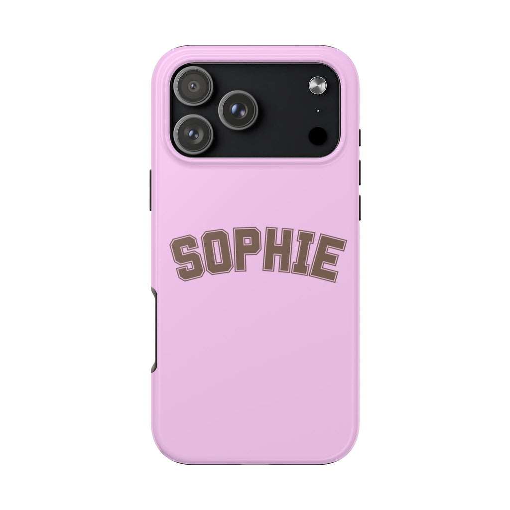 Pink personalized varsity phone case with “SOPHIE” text and camera cutouts