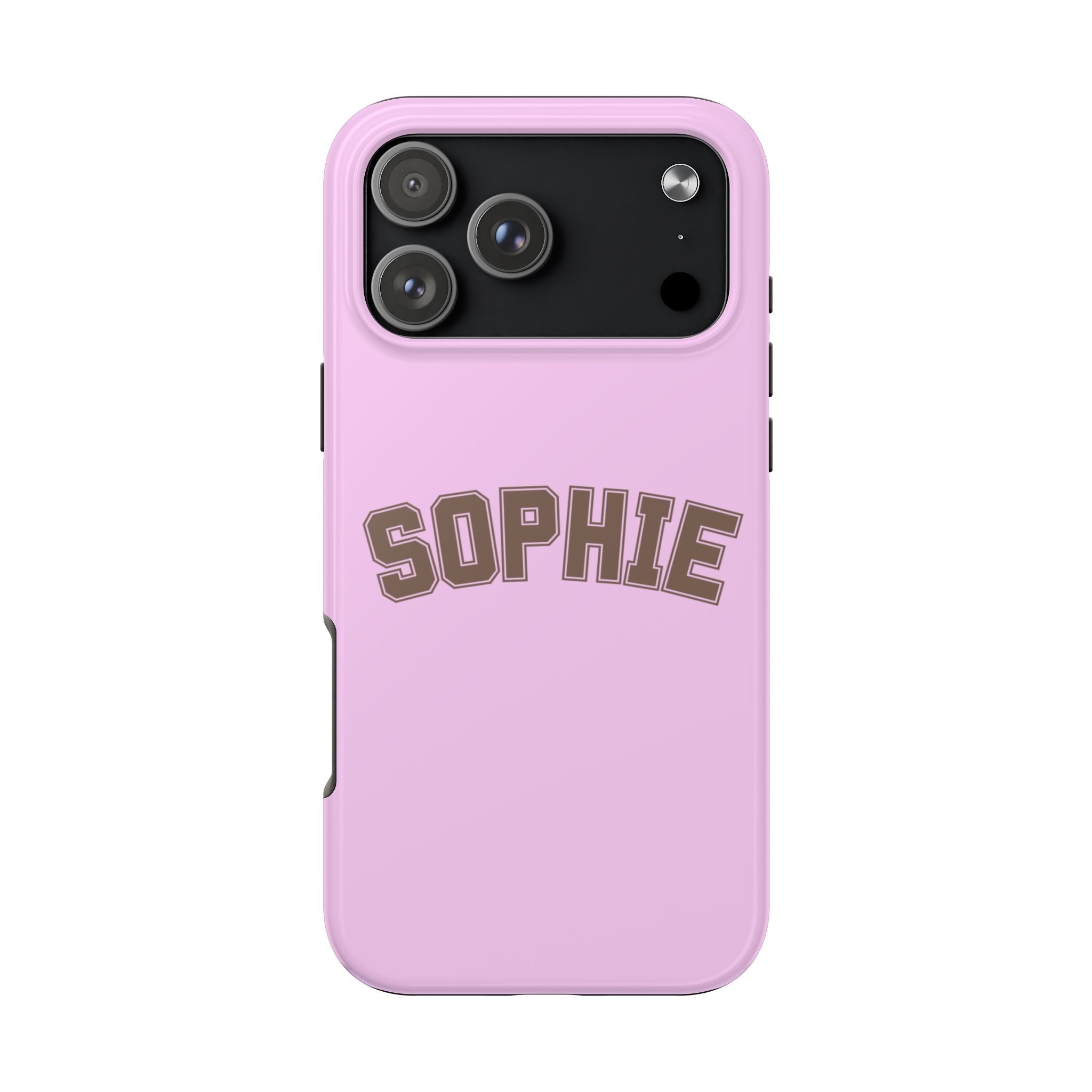 Pink personalized varsity phone case with “SOPHIE” text and camera cutouts