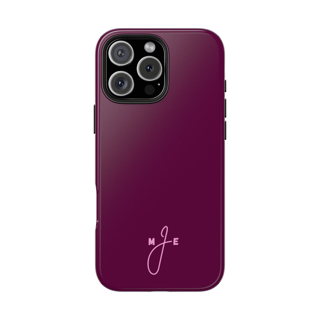 Plum phone case with custom “ME” monogram and triple camera cutout on back