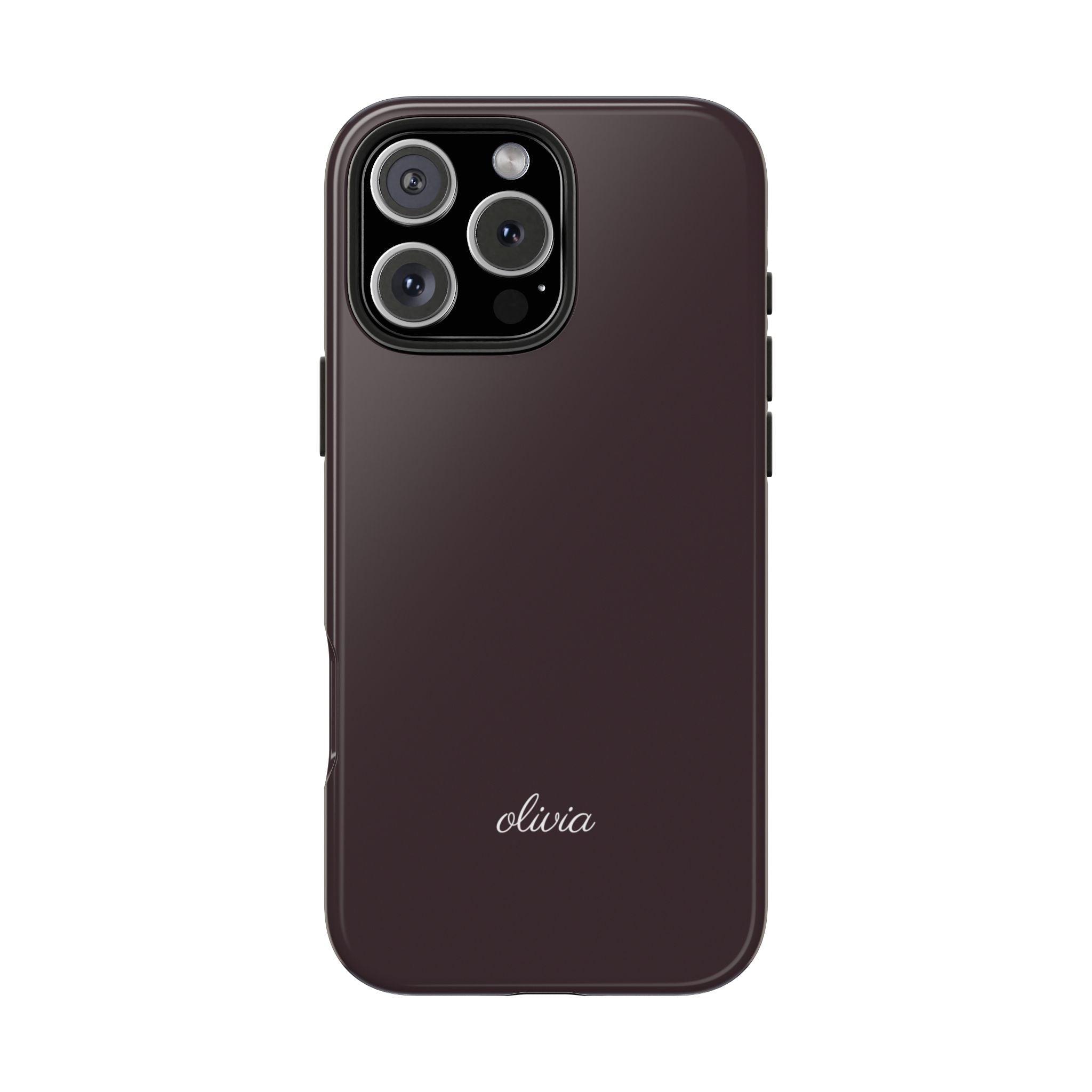 Personalized name phone case, dark plum with printed “olivia” on back