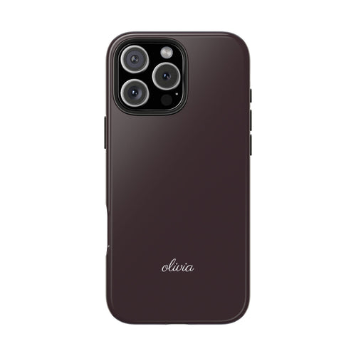 Burgundy personalized phone case with script name and triple camera cutouts