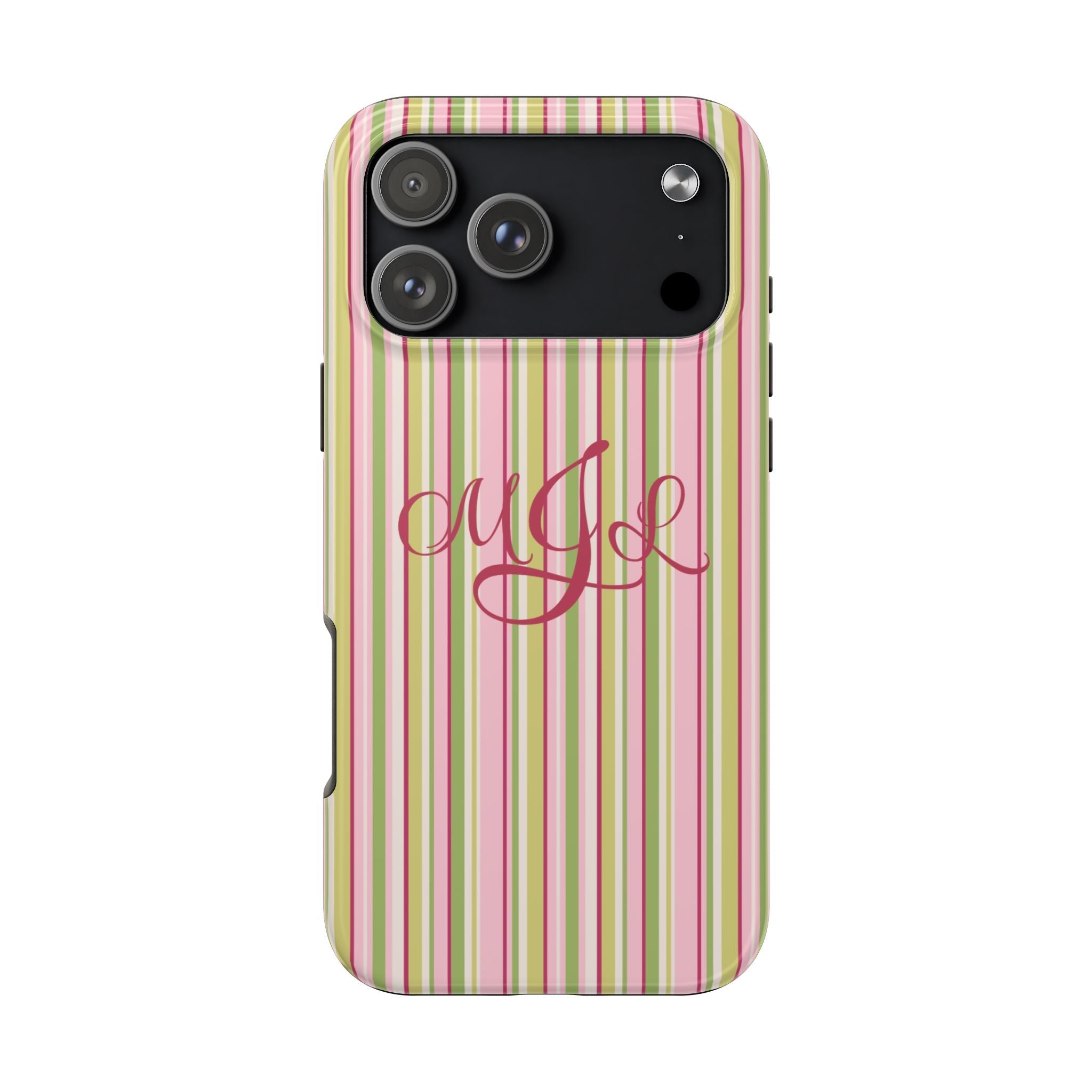 Vertical stripe phone case with cursive monogram name and large camera cutout
