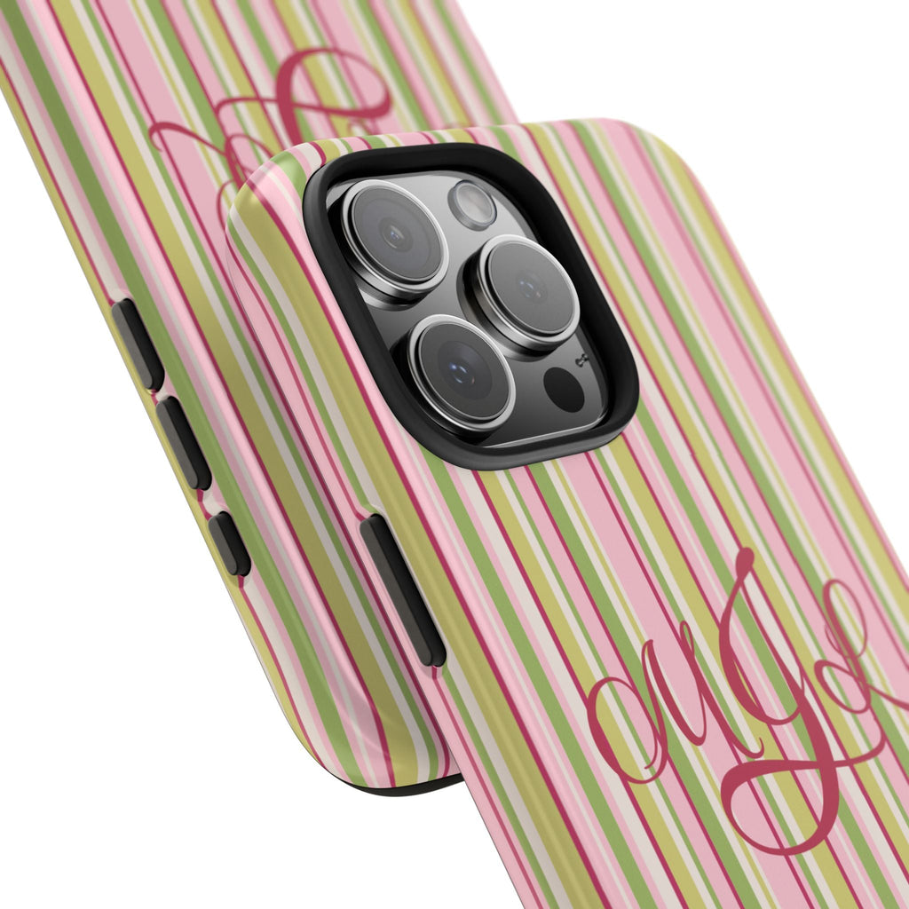 Angle view: vertical stripe phone case with cursive monogram name and camera lenses
