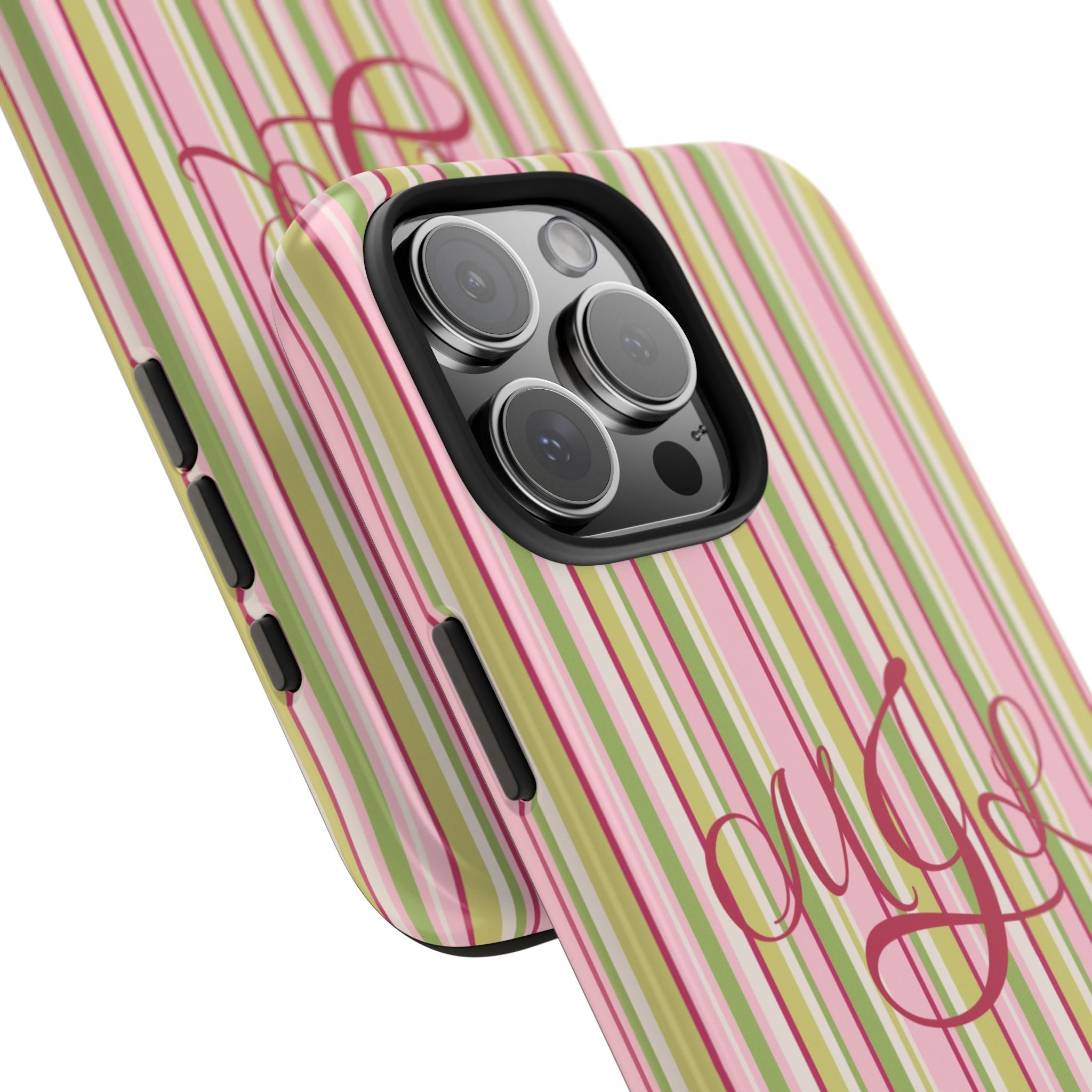 Angle view: vertical stripe phone case with cursive monogram name and camera lenses
