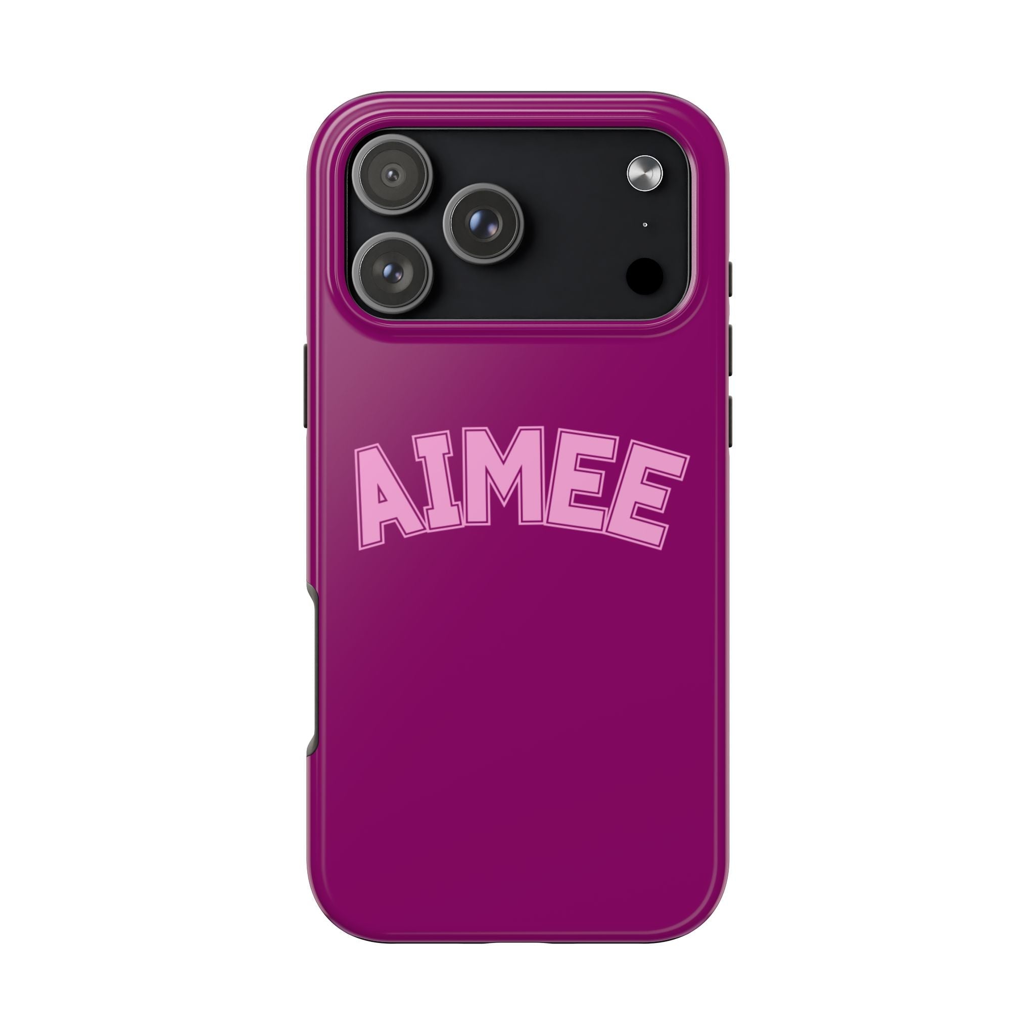 Raspberry pink phone case with AIMEE name and varsity lettering; camera cutouts