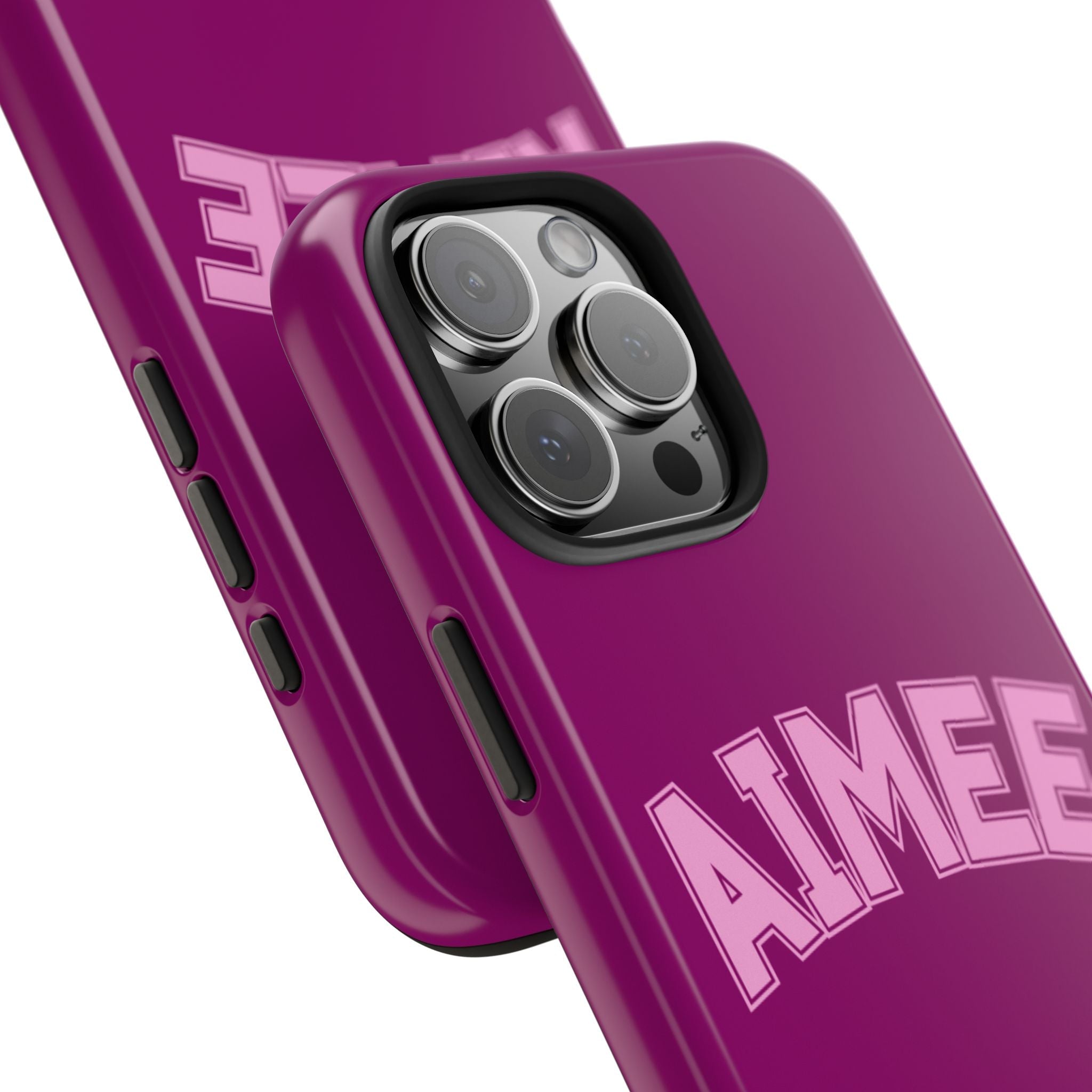 Raspberry pink phone case with AIMEE name, varsity stripes, and raised camera lens rings